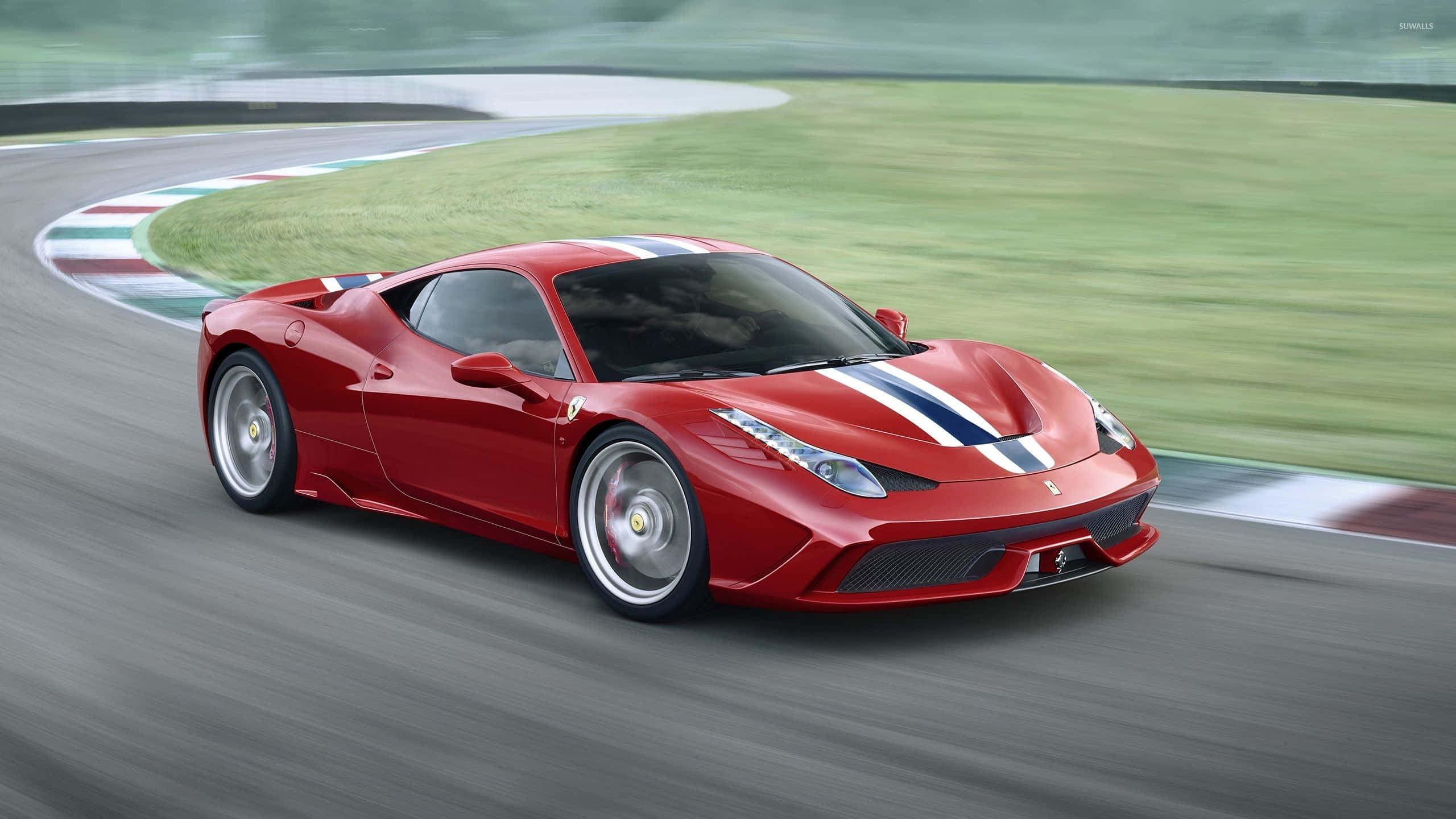 Ferrari 458 Speciale, vibrant red, blue and white stripes, 2K Desktop Wallpaper
