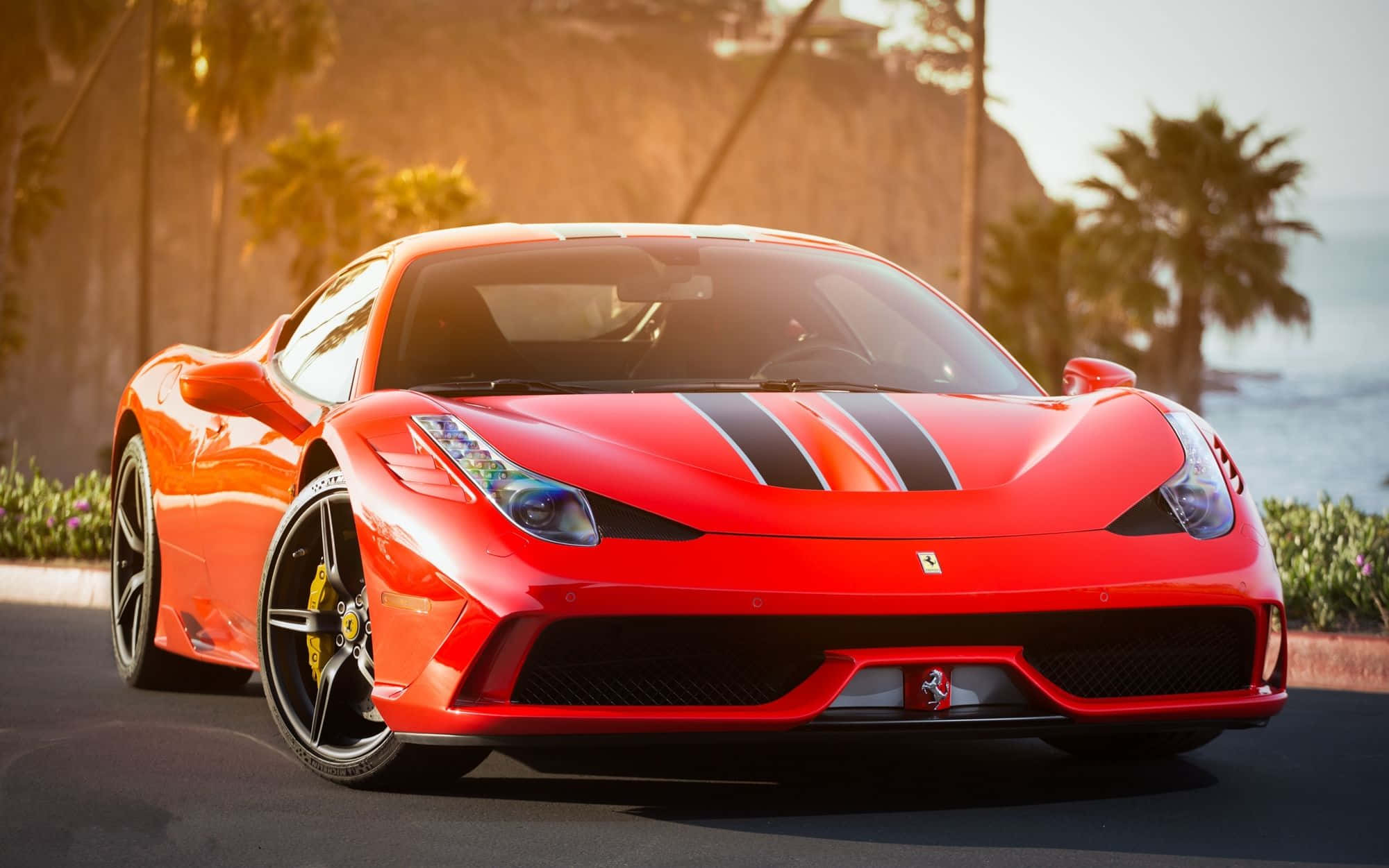 Ferrari 458 Speciale, vibrant red, black racing stripes, Full HD Desktop Wallpaper