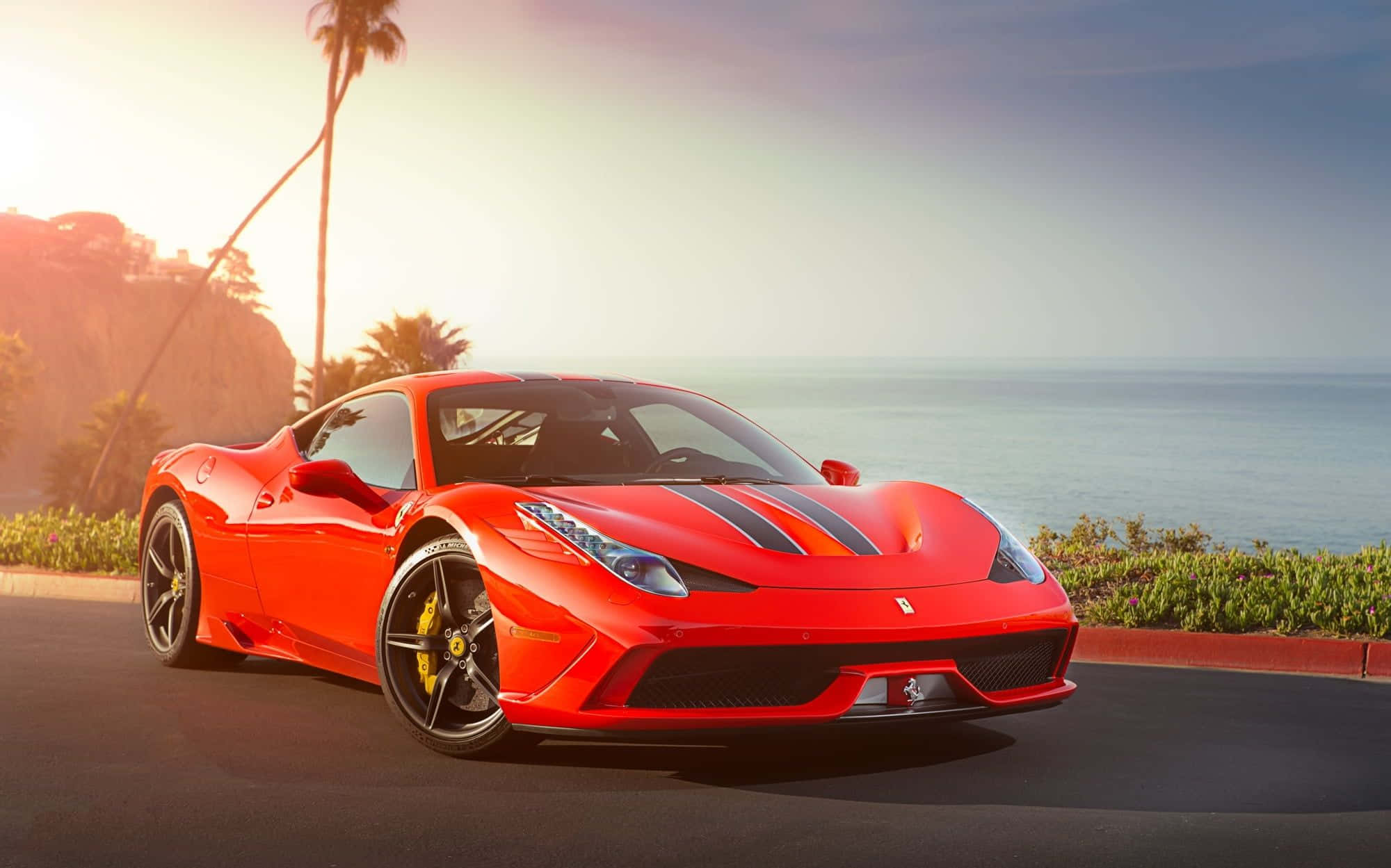 Ferrari 458 Speciale, coastal road, sunset, Full HD Desktop Wallpaper