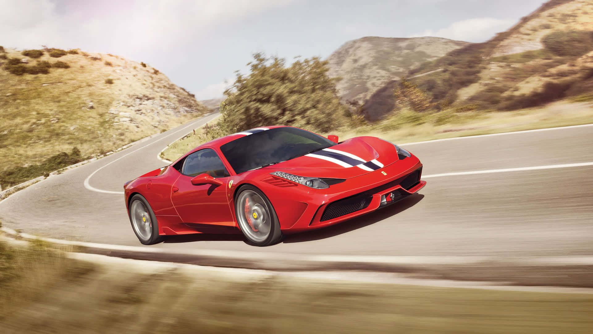 Ferrari 458 Speciale, vibrant red, winding mountain road, Full HD Desktop Wallpaper
