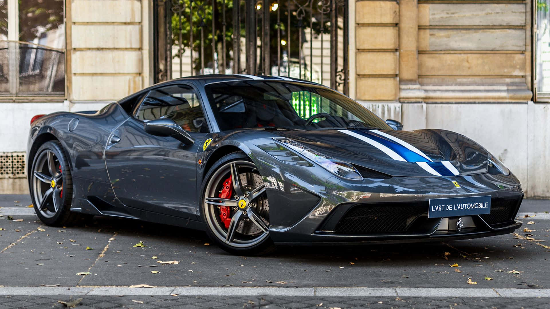 Ferrari 458 Speciale, matte black, blue racing stripes, Full HD Desktop Wallpaper