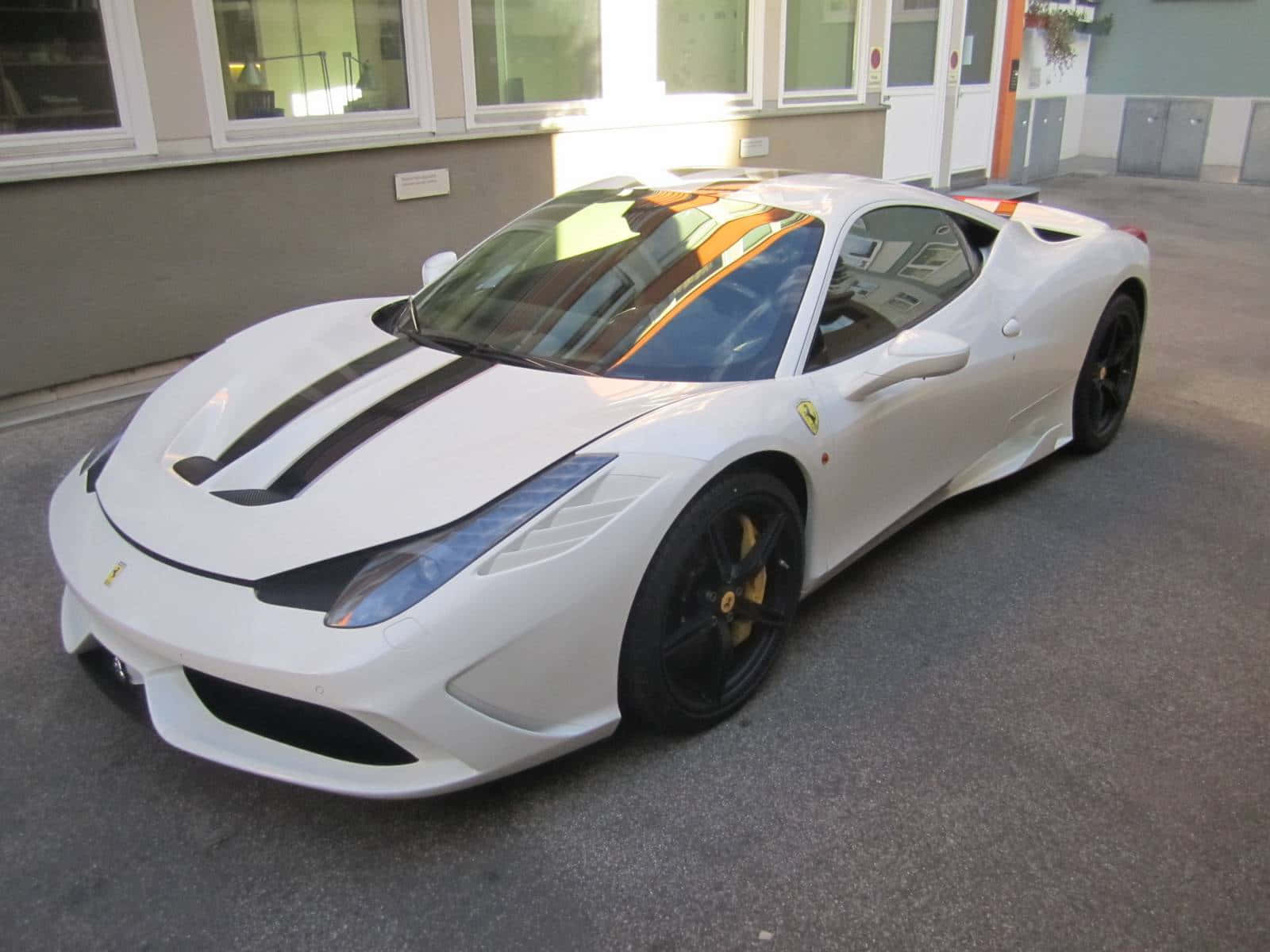 Ferrari 458 Speciale, white, black racing stripes, HD Desktop Wallpaper