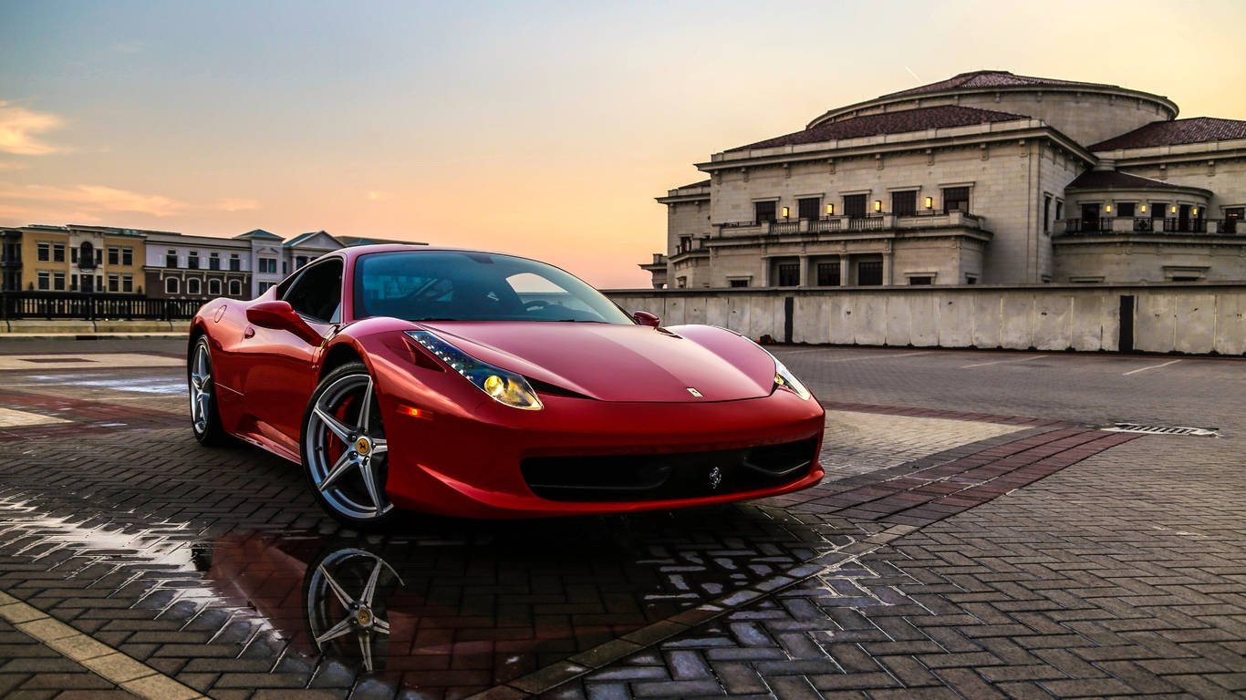 Ferrari 458 Spider, wet cobblestones, sunset, HD Desktop Wallpaper