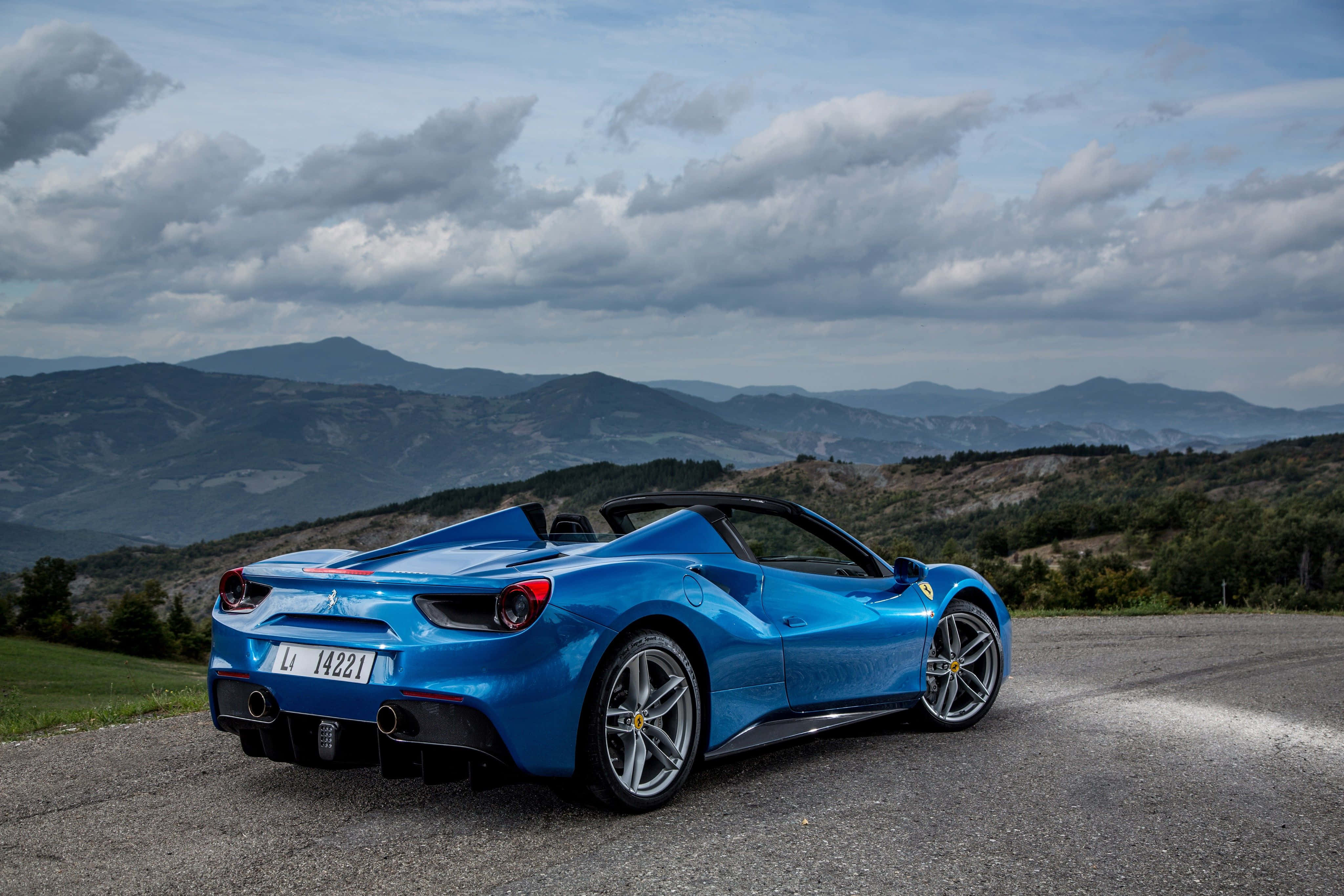 Ferrari 458 Spider, vibrant blue, winding mountain road, 4K Desktop Wallpaper