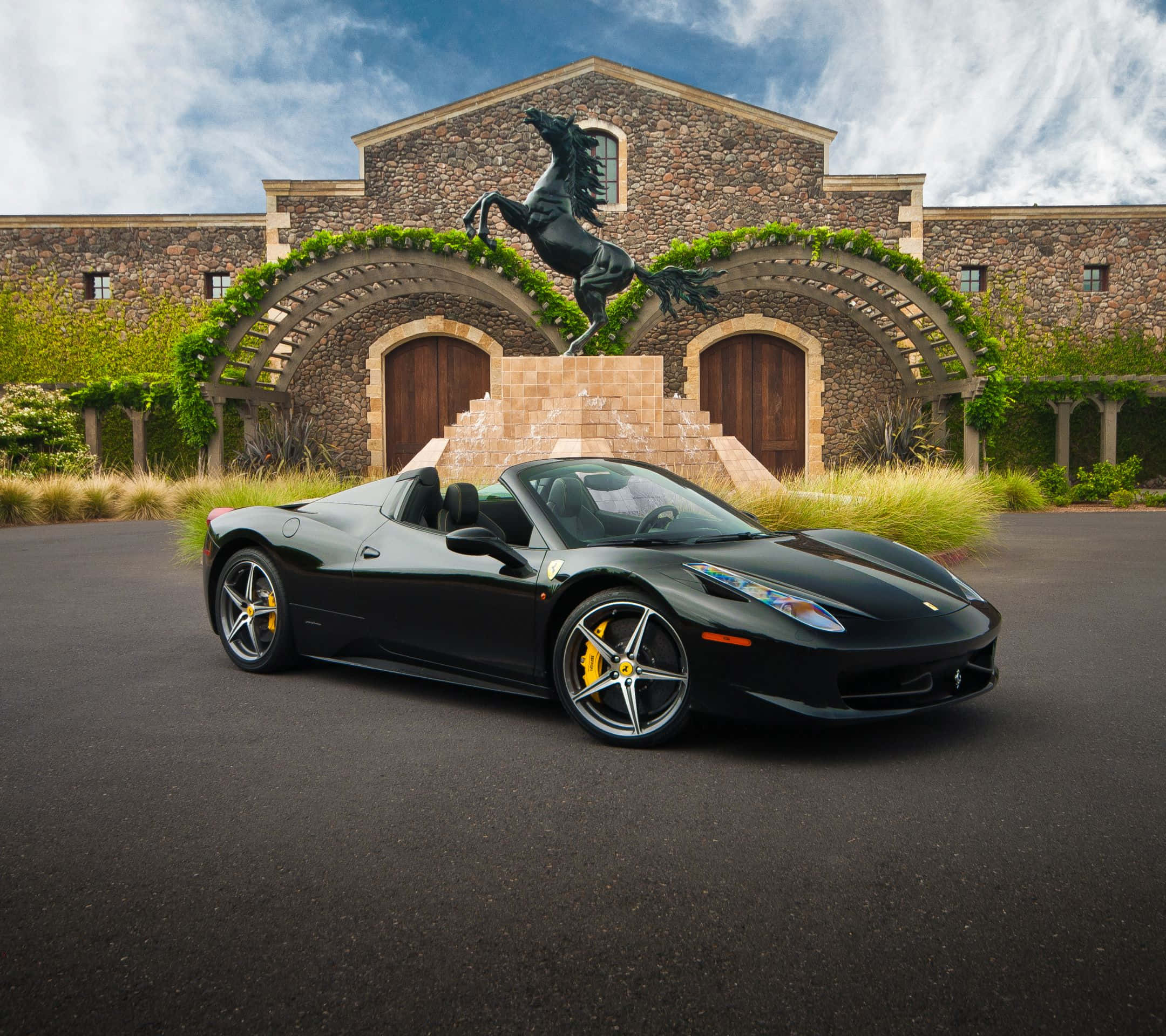 Ferrari 458 Spider, black, stone building, Full HD Desktop Wallpaper