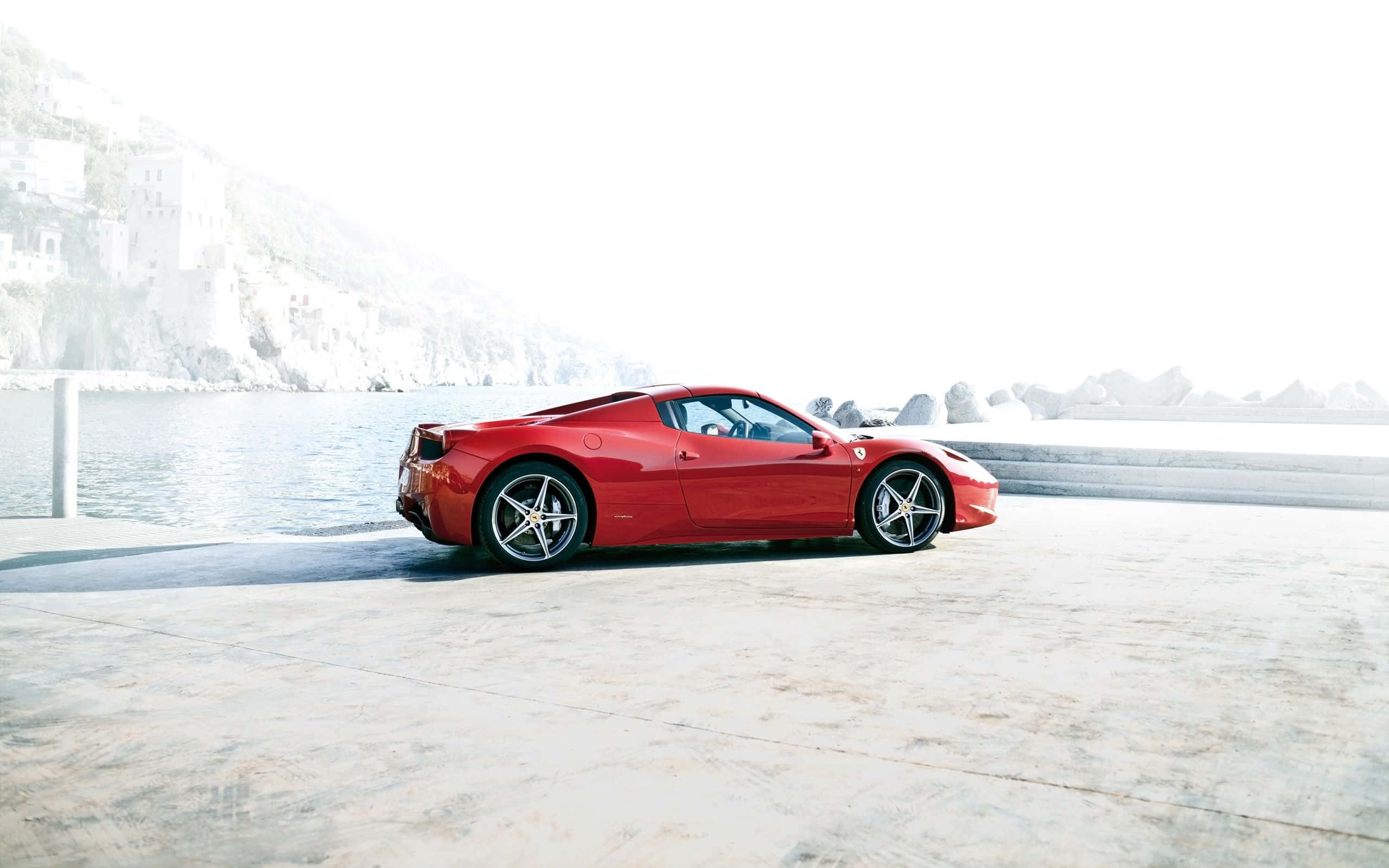Ferrari 458 Spider, scarlet, concrete pier, 2K Desktop Wallpaper