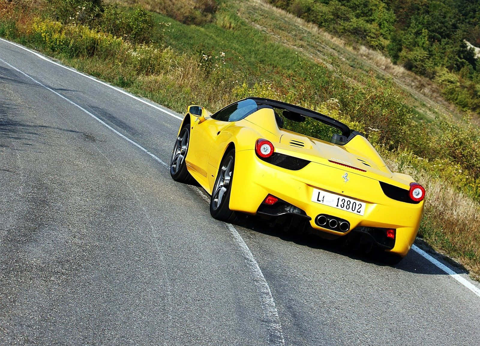 Ferrari 458 Spider, vibrant yellow, winding mountain road, HD Desktop Wallpaper