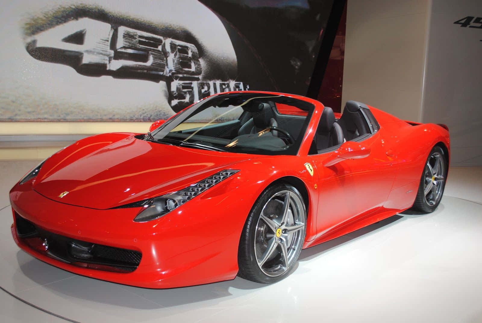 Ferrari 458 Spider, glossy red, white platform, HD Desktop Wallpaper