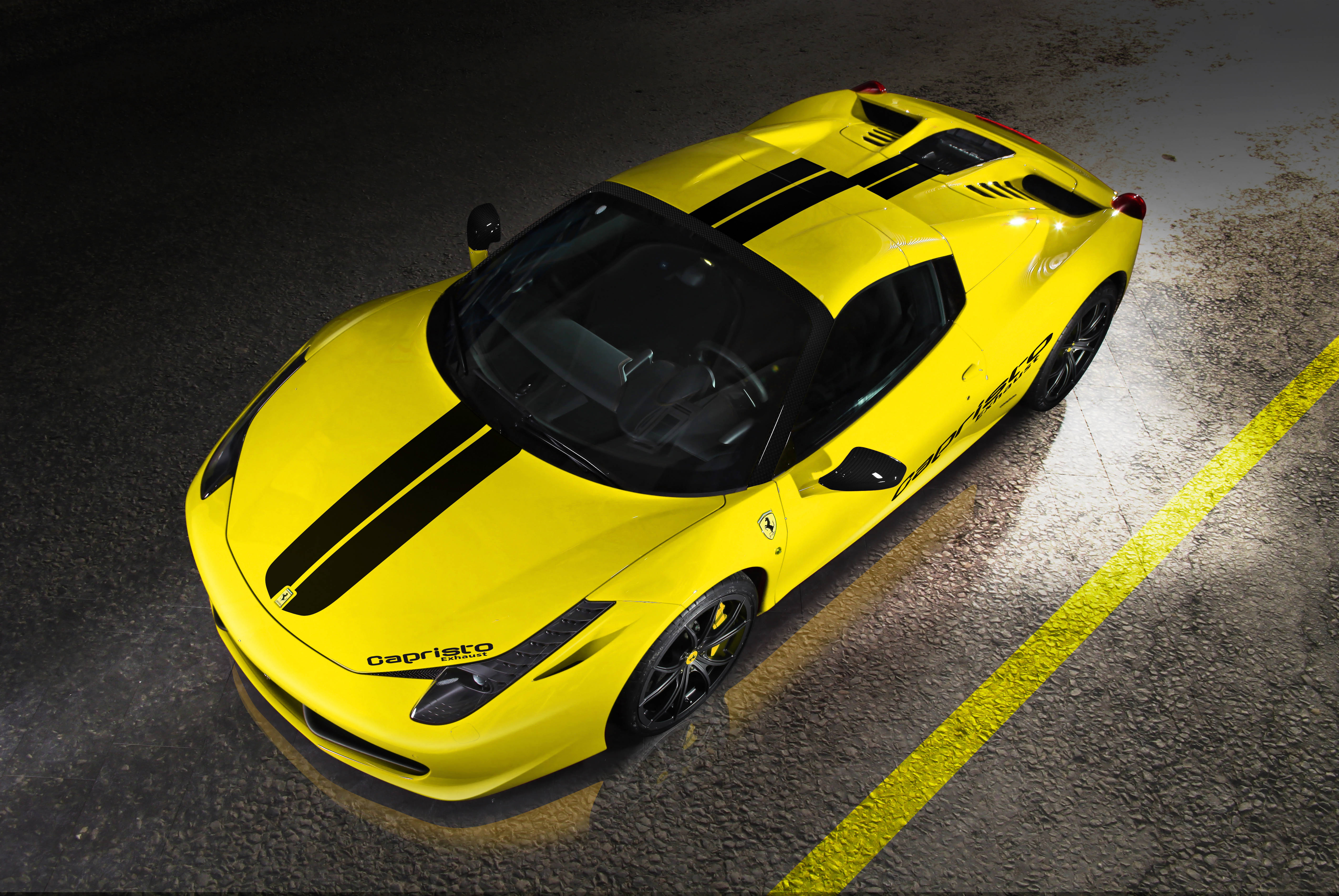 Ferrari 458 Spider, vibrant yellow, black racing stripes, 5K Desktop Wallpaper