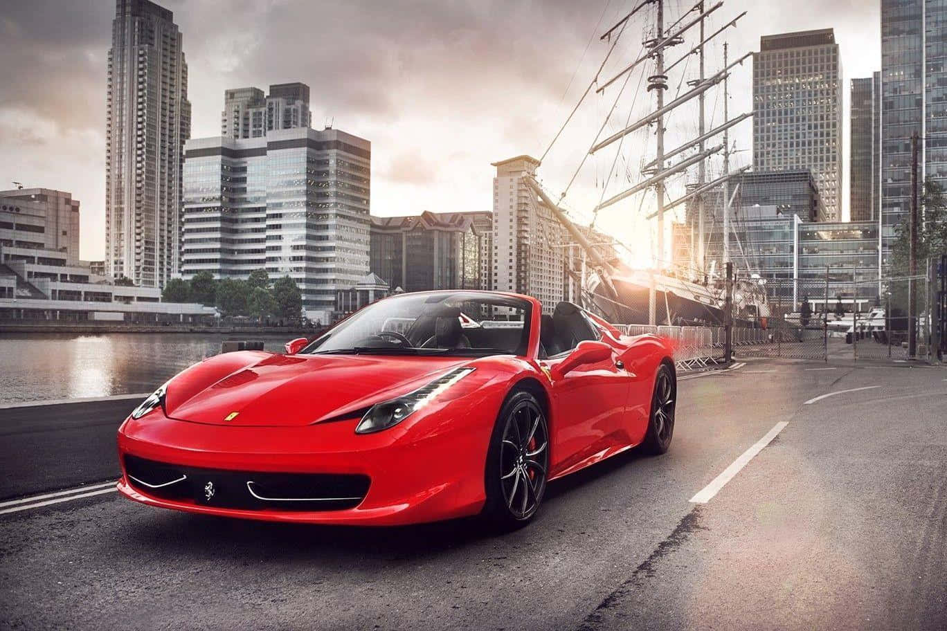 Ferrari 458 Spider, vibrant red, wet city street, HD Desktop Wallpaper