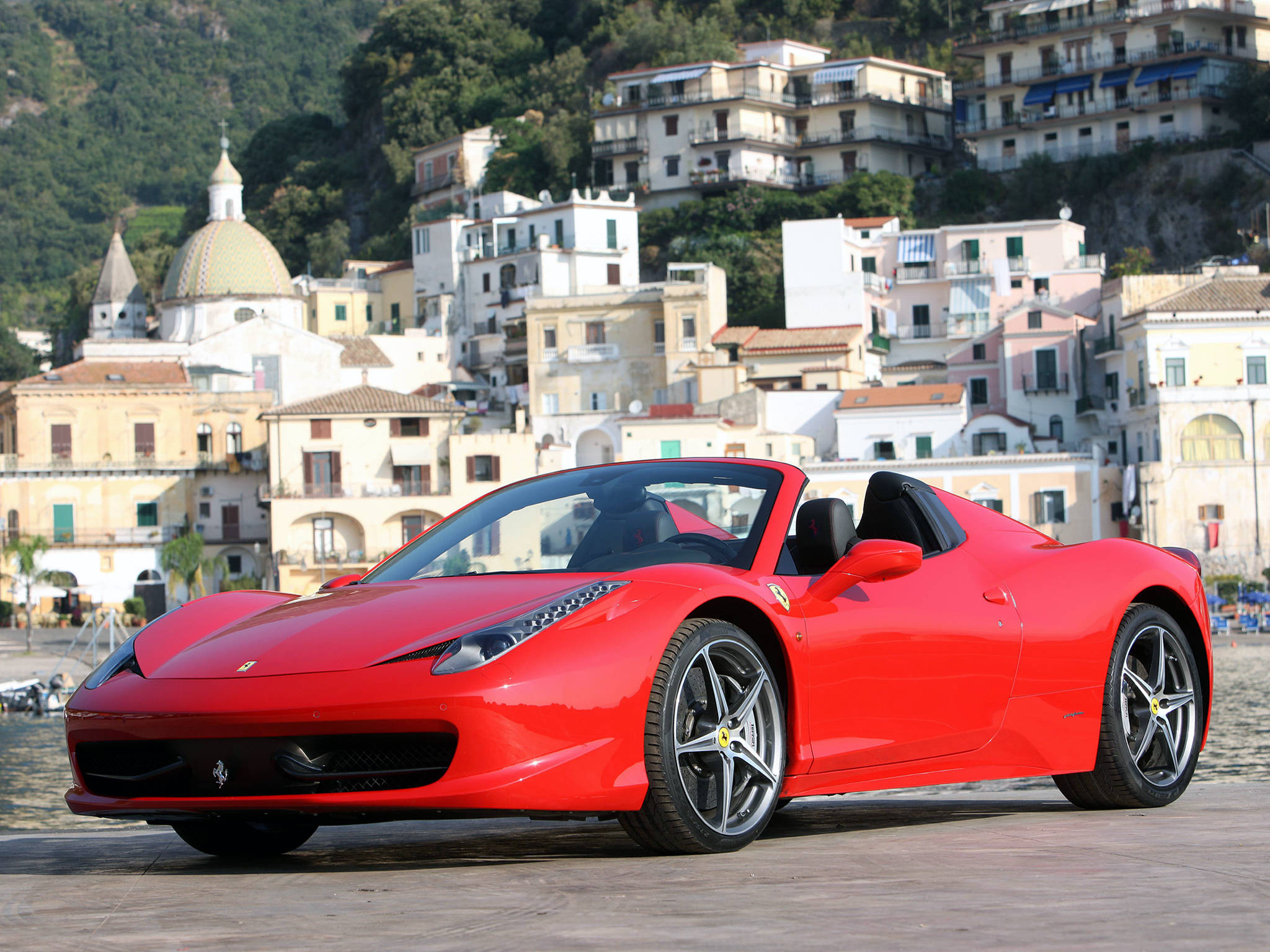 Ferrari 458 Spider, vibrant red, waterfront promenade, Full HD Desktop Wallpaper