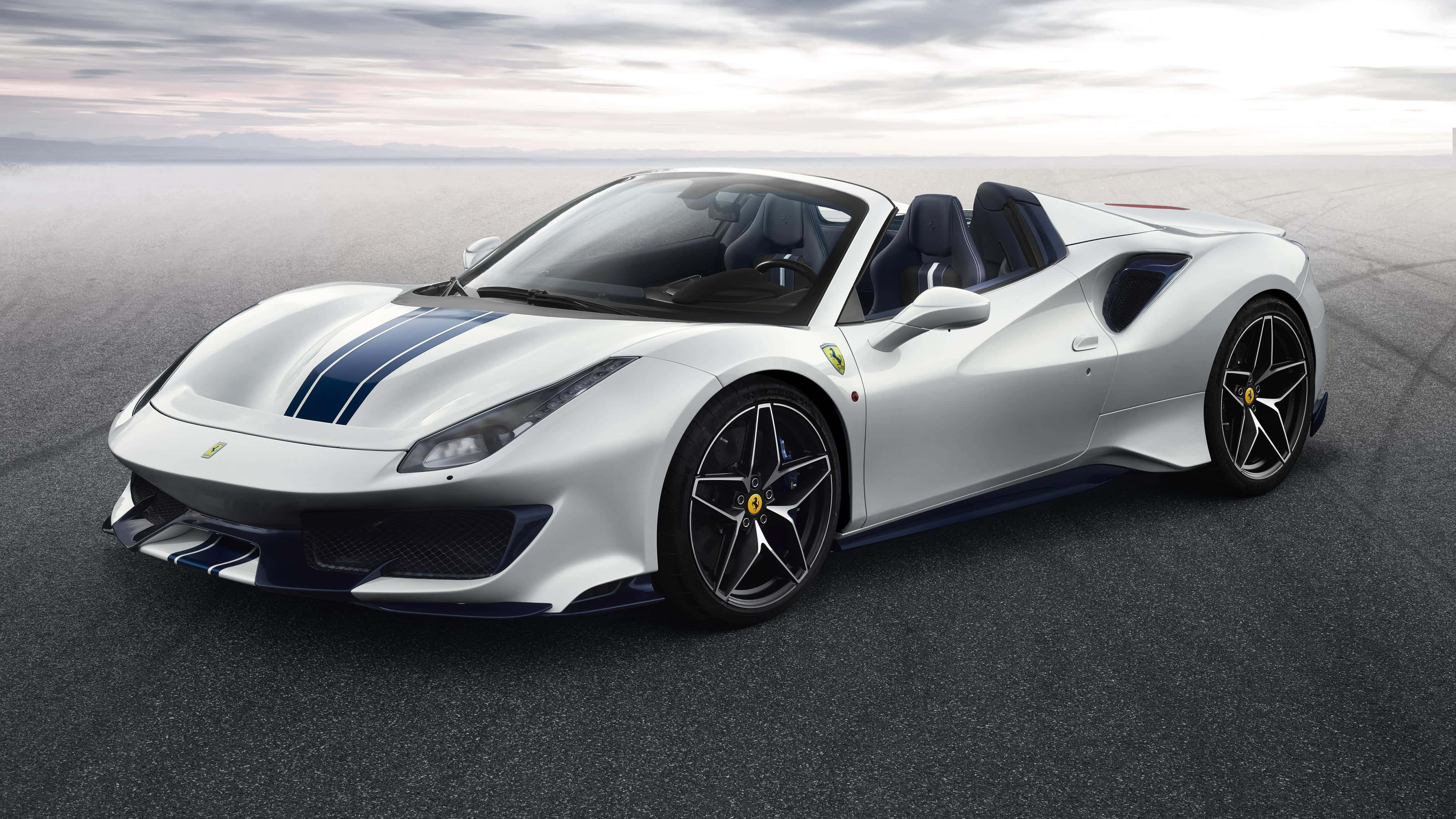 Ferrari 488 Spider, white, blue racing stripes, 4K Desktop Wallpaper