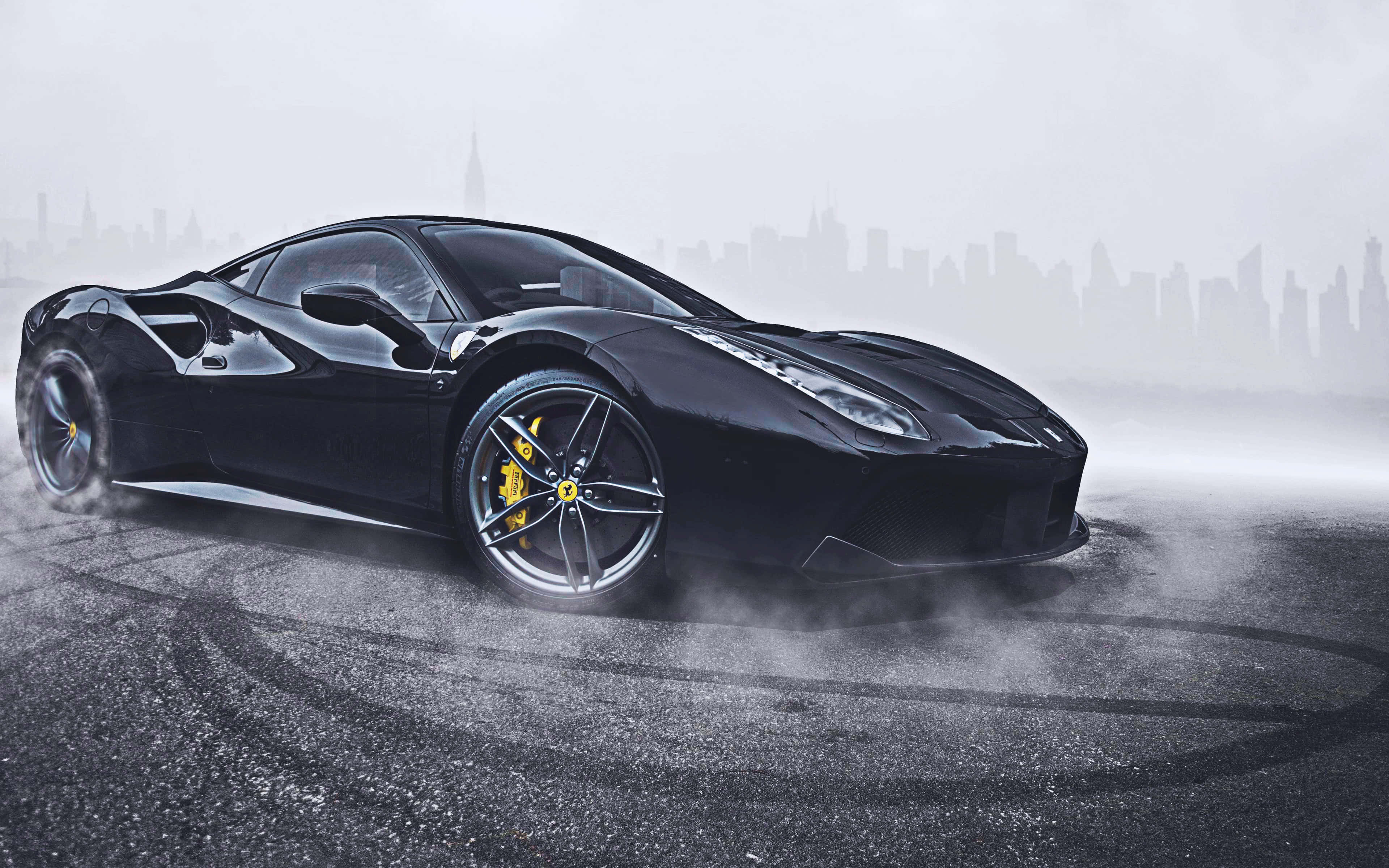 Ferrari 488 Spider, black, wet city street, 4K Desktop Wallpaper