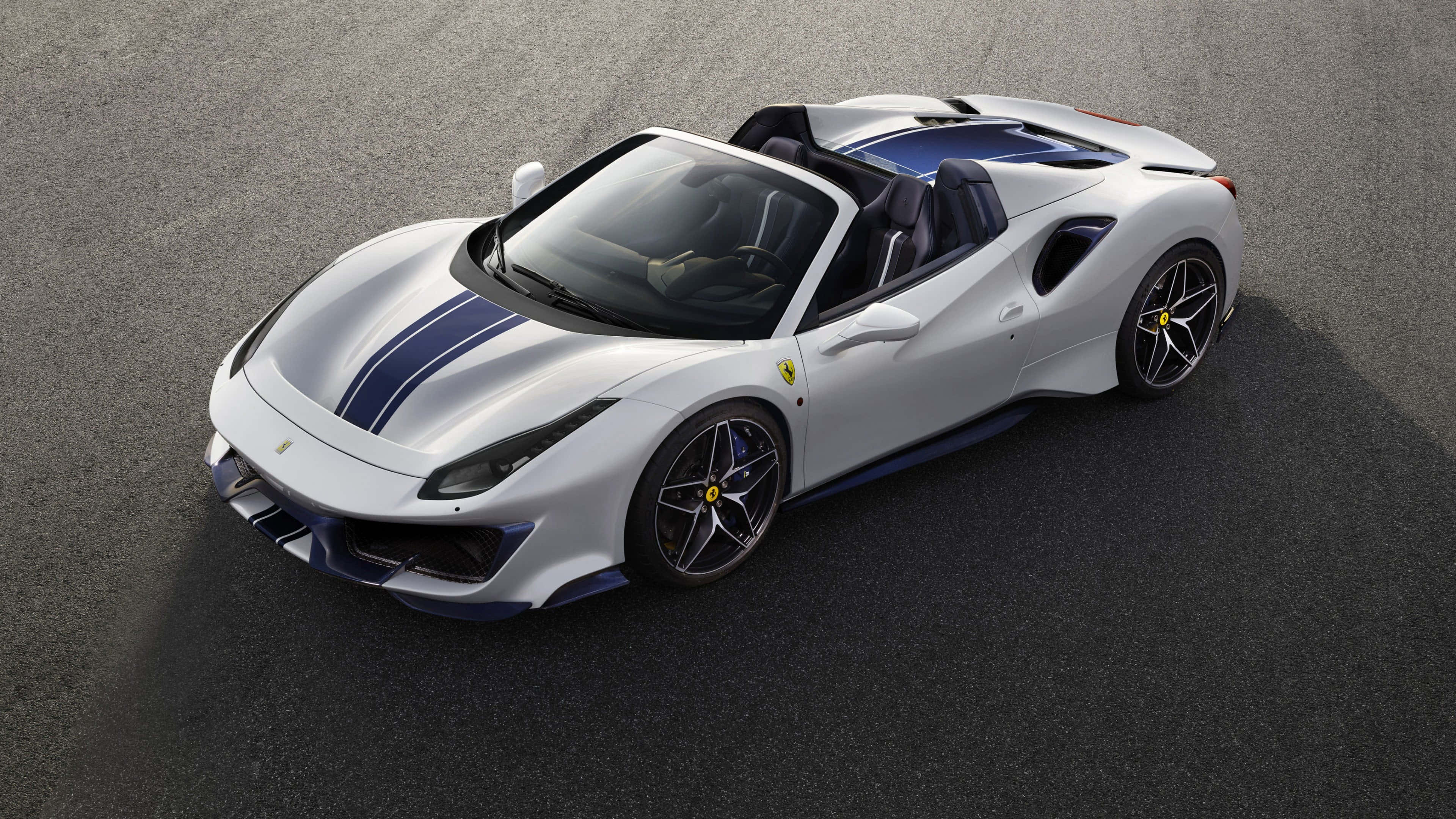 Ferrari 488 Spider, white, blue racing stripes, 4K Desktop Wallpaper