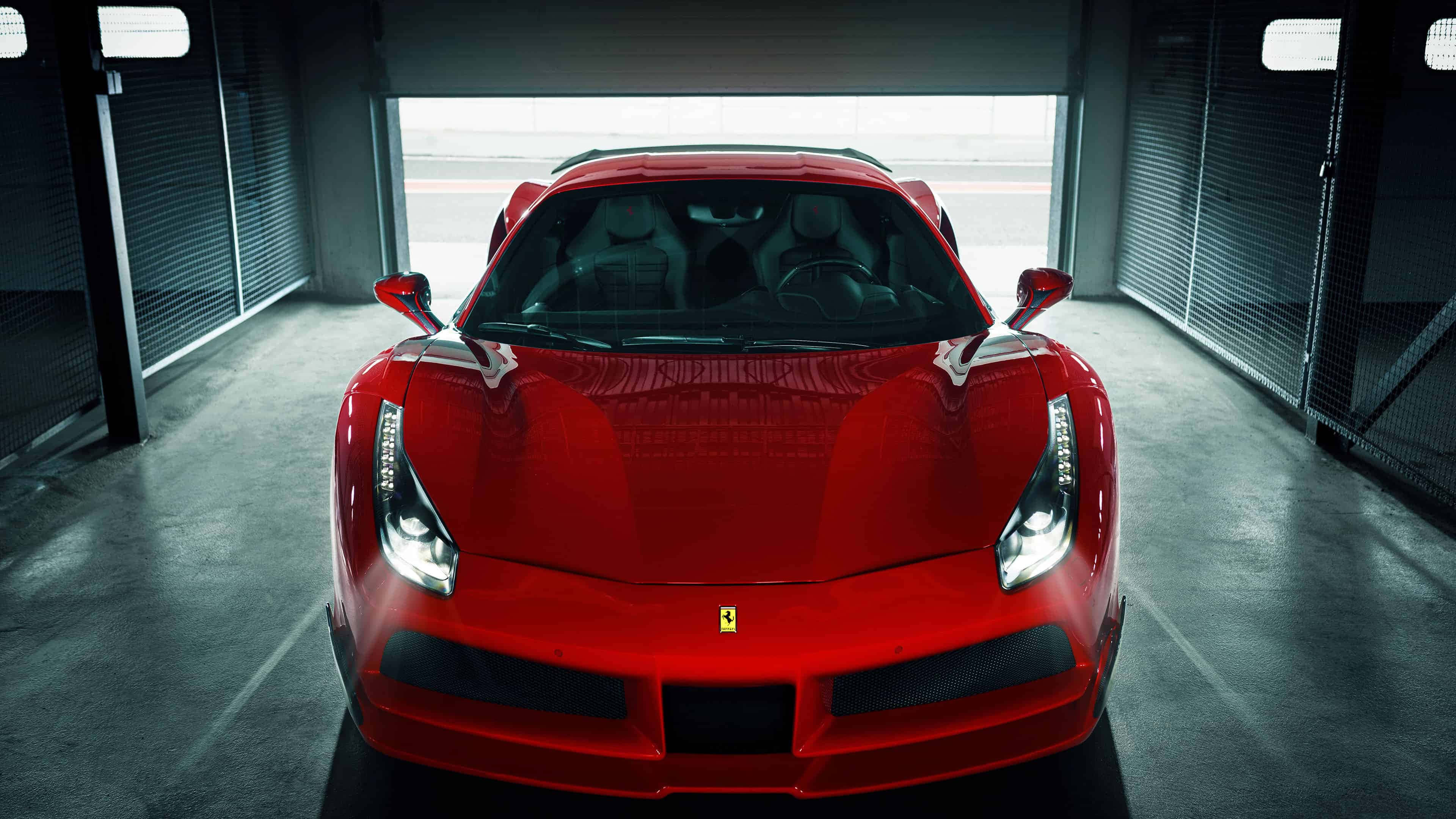 Ferrari 488 Spider, glossy red, dimly lit garage, 4K Desktop Wallpaper