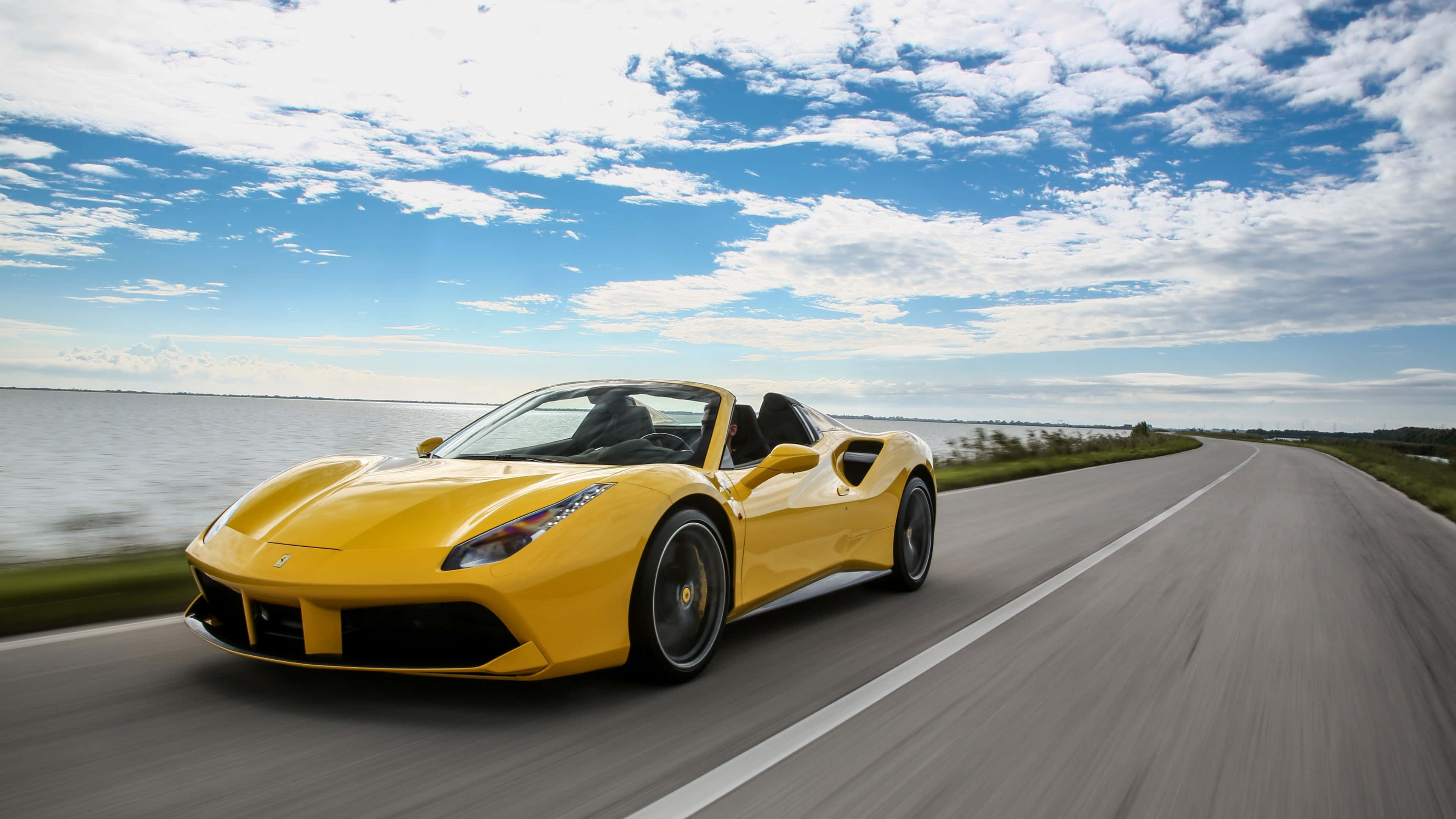Ferrari 488 Spider, vibrant yellow, coastal road, 4K Desktop Wallpaper