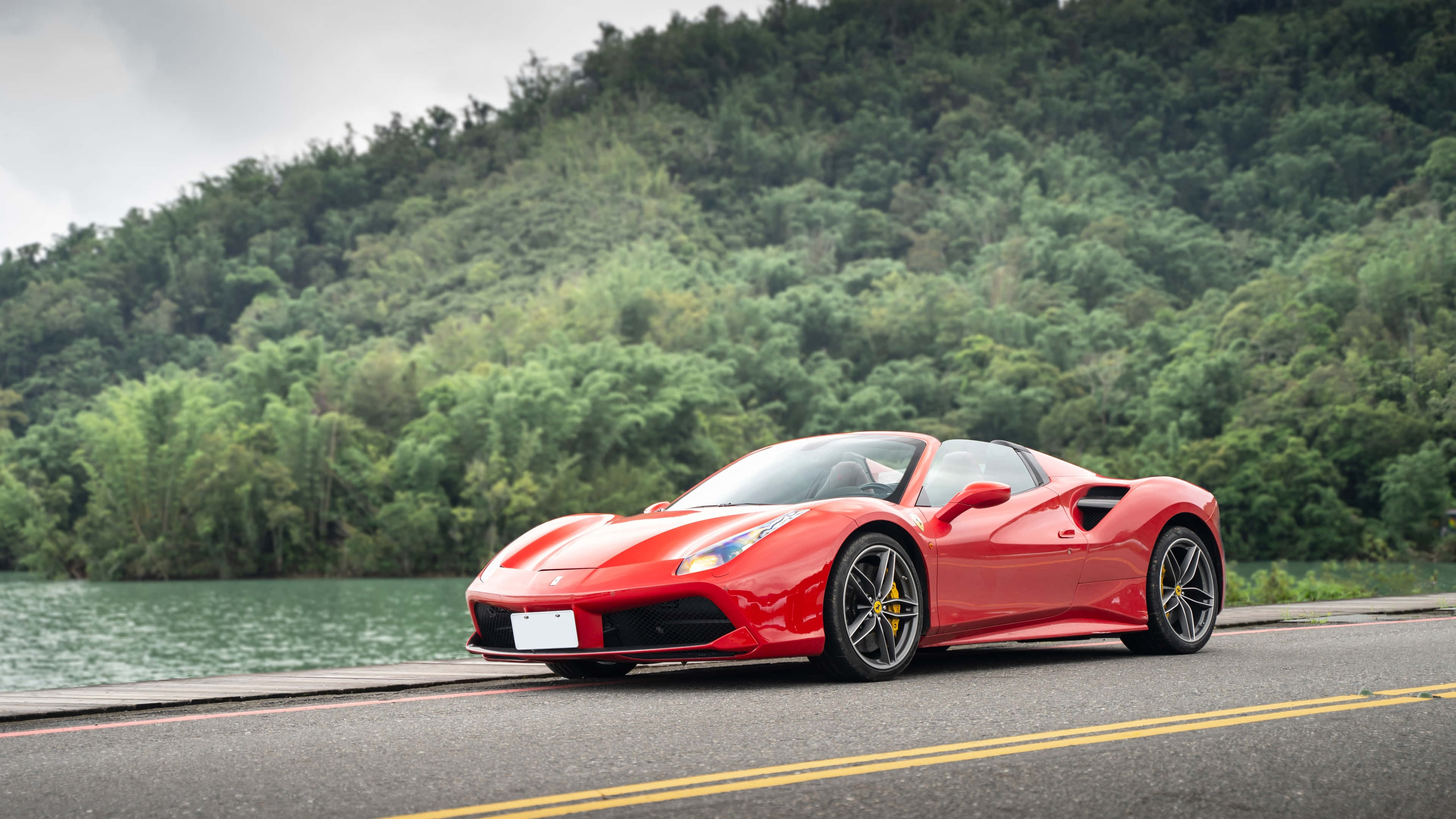 Ferrari 488 Spider, vibrant red, roadside, 4K Desktop Wallpaper