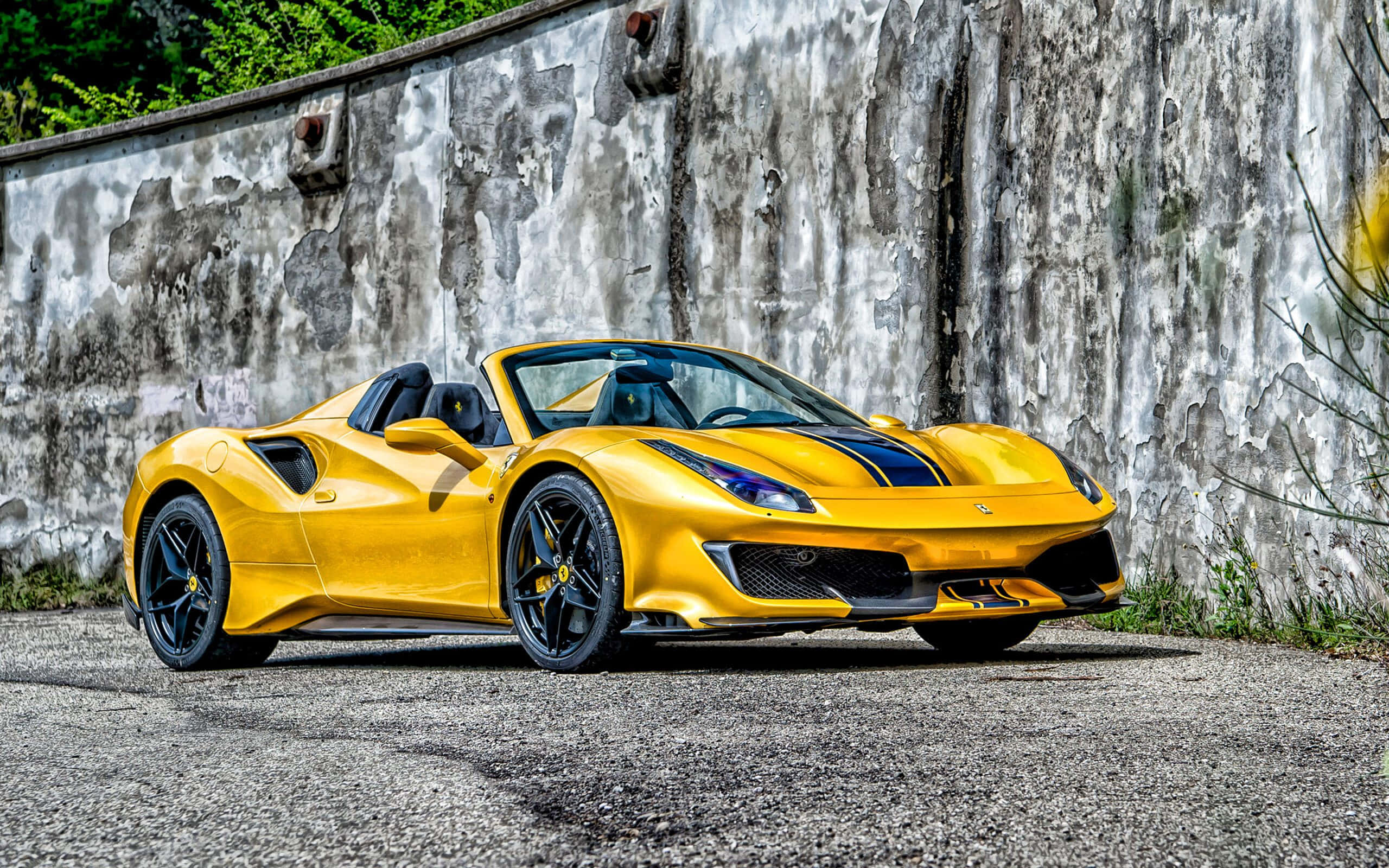 Ferrari 488 Spider, vibrant yellow, black accents, 2K Desktop Wallpaper