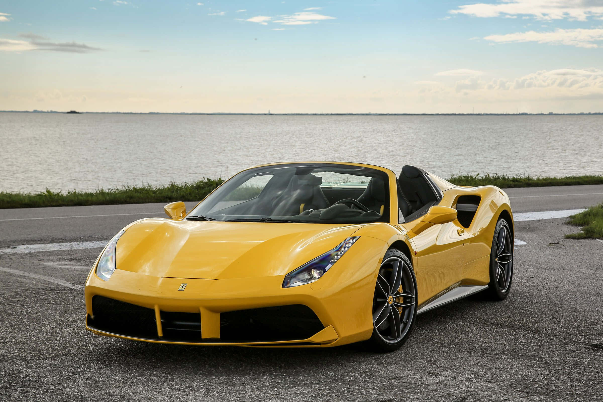 Ferrari 488 Spider, vibrant yellow, paved road, Full HD Desktop Wallpaper