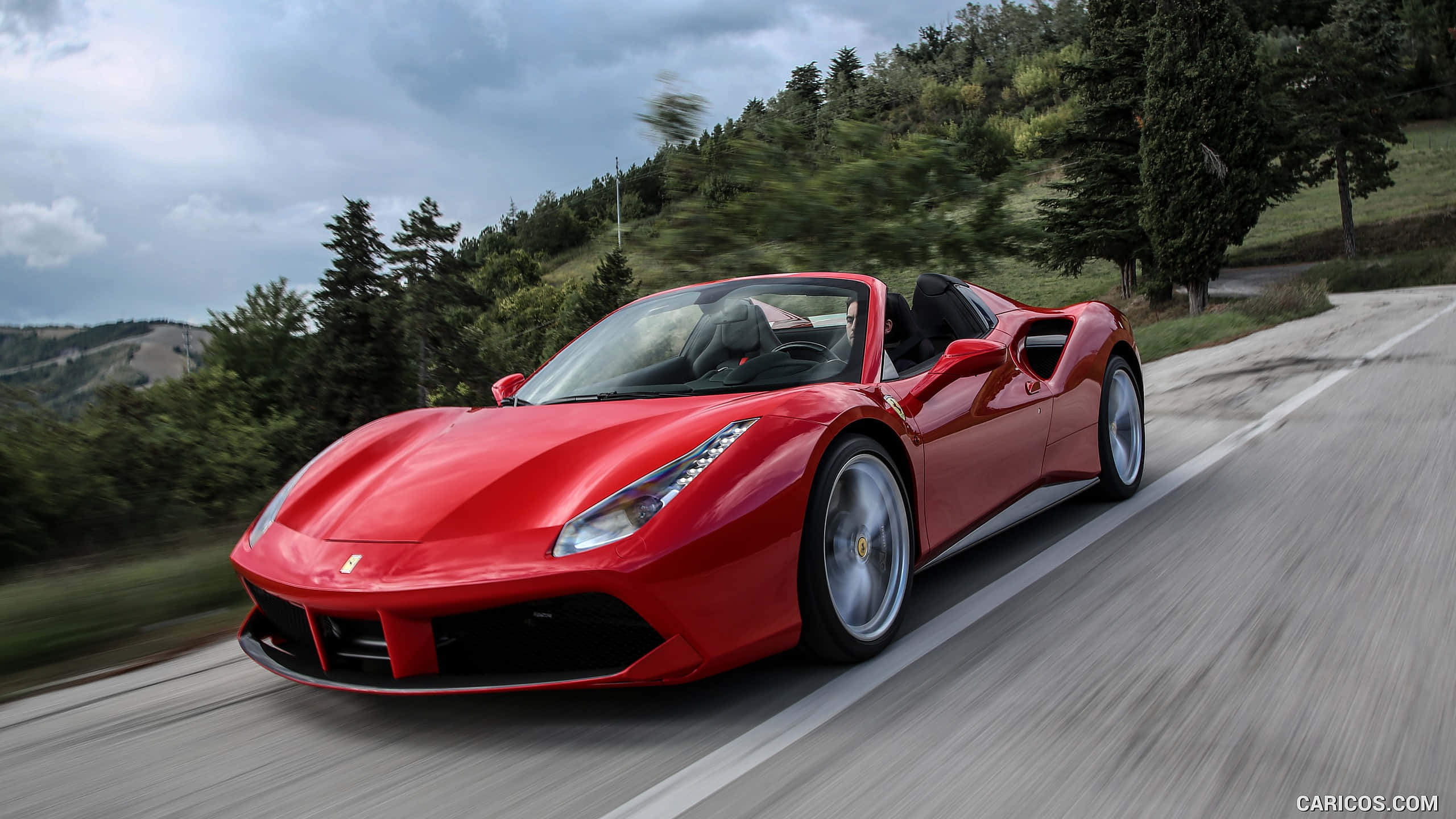 Ferrari 488 Spider, vibrant red, winding mountain road, 2K Desktop Wallpaper