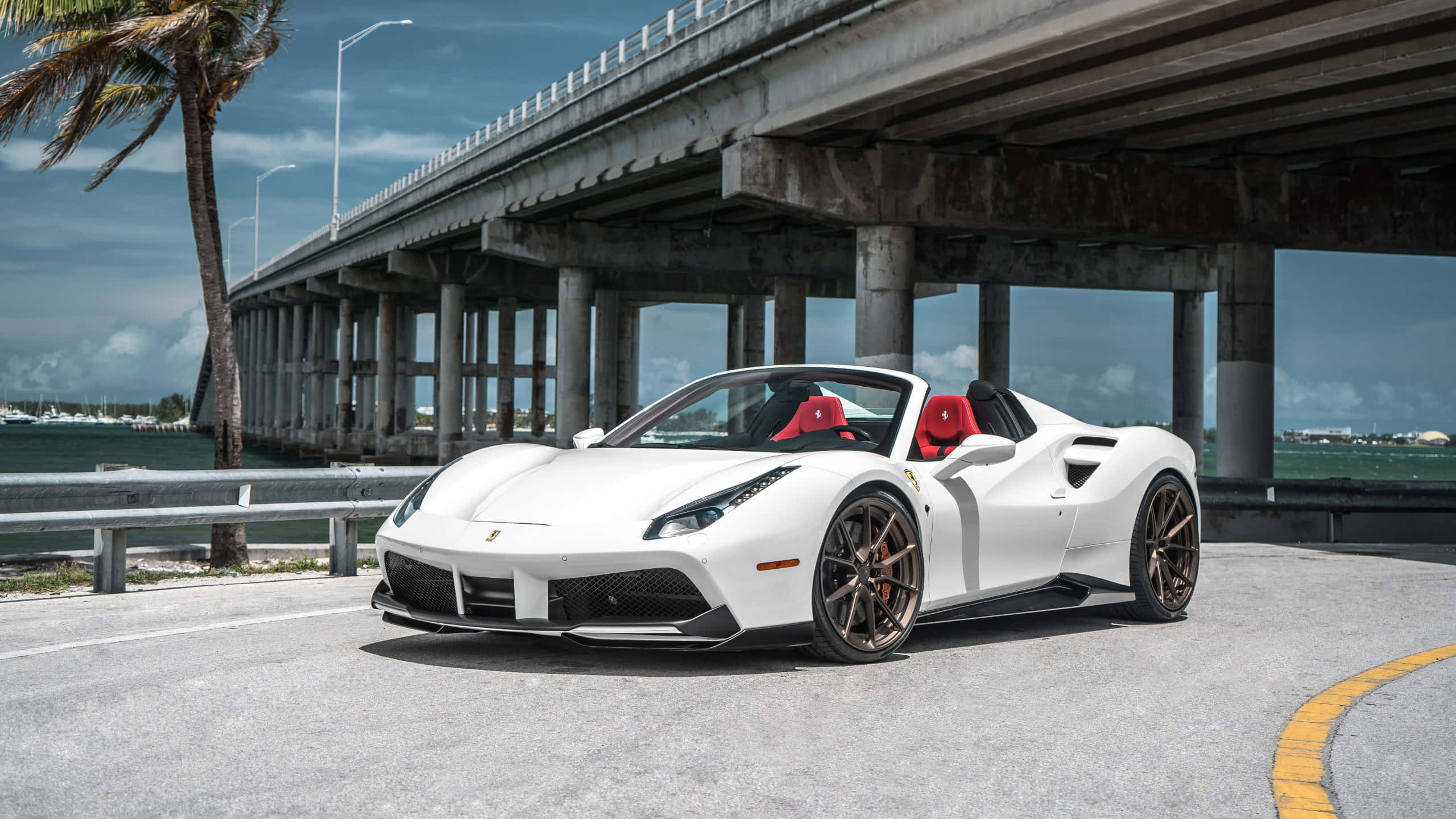 Ferrari 488 Spider, white, red seats, 2K Desktop Wallpaper
