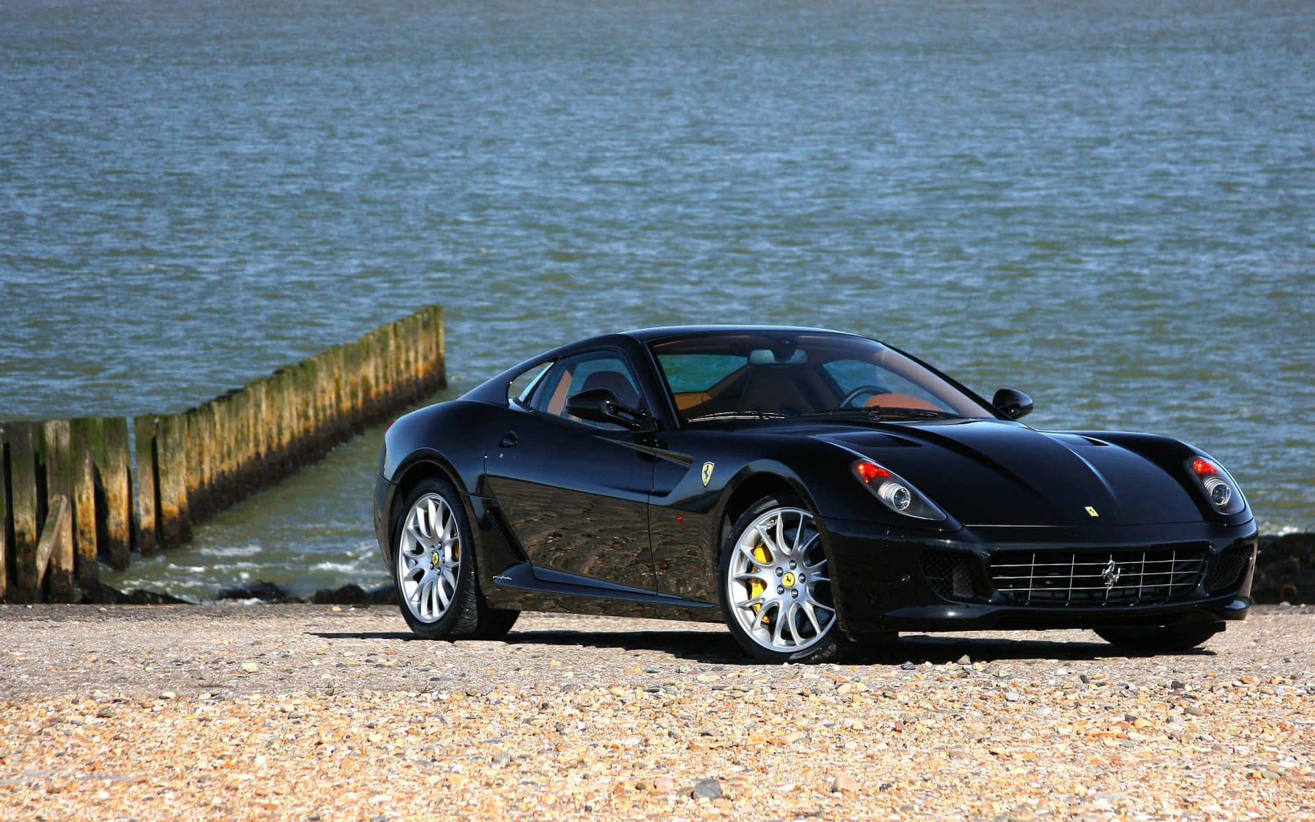 Ferrari 599 GTB Fiorano, black, pebbled shore, Full HD Desktop Wallpaper