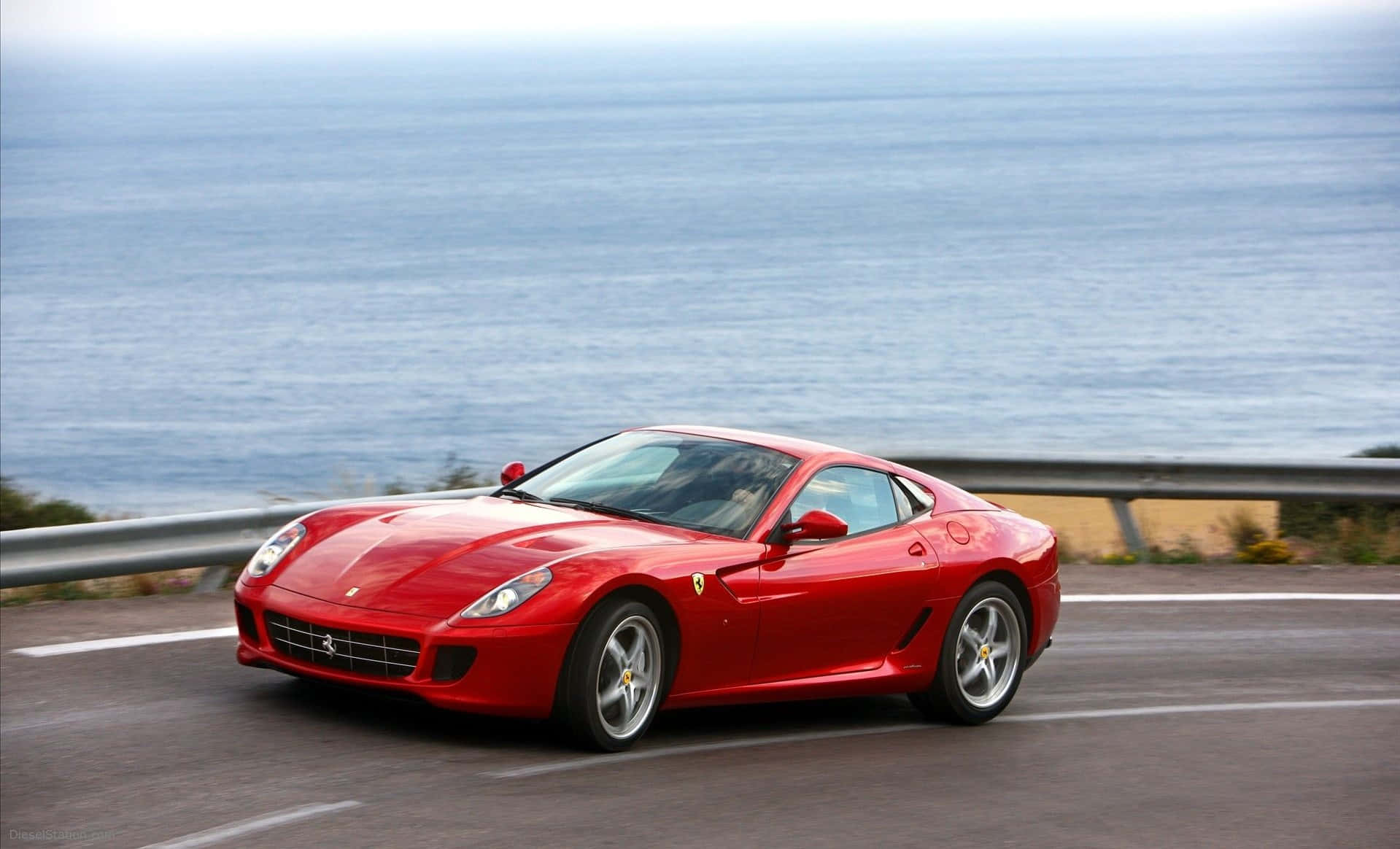 Ferrari 599 GTB Fiorano, vibrant red, coastal road, HD Desktop Wallpaper