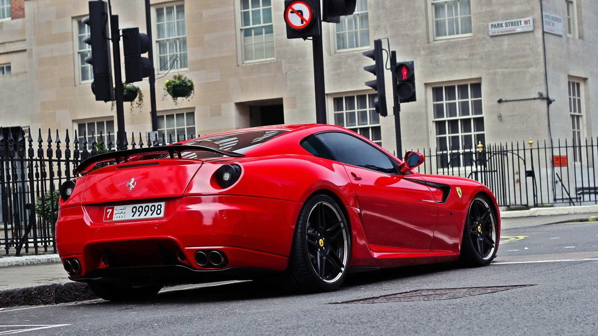 Ferrari 599 GTB Fiorano, glossy red, city street, Full HD Desktop Wallpaper