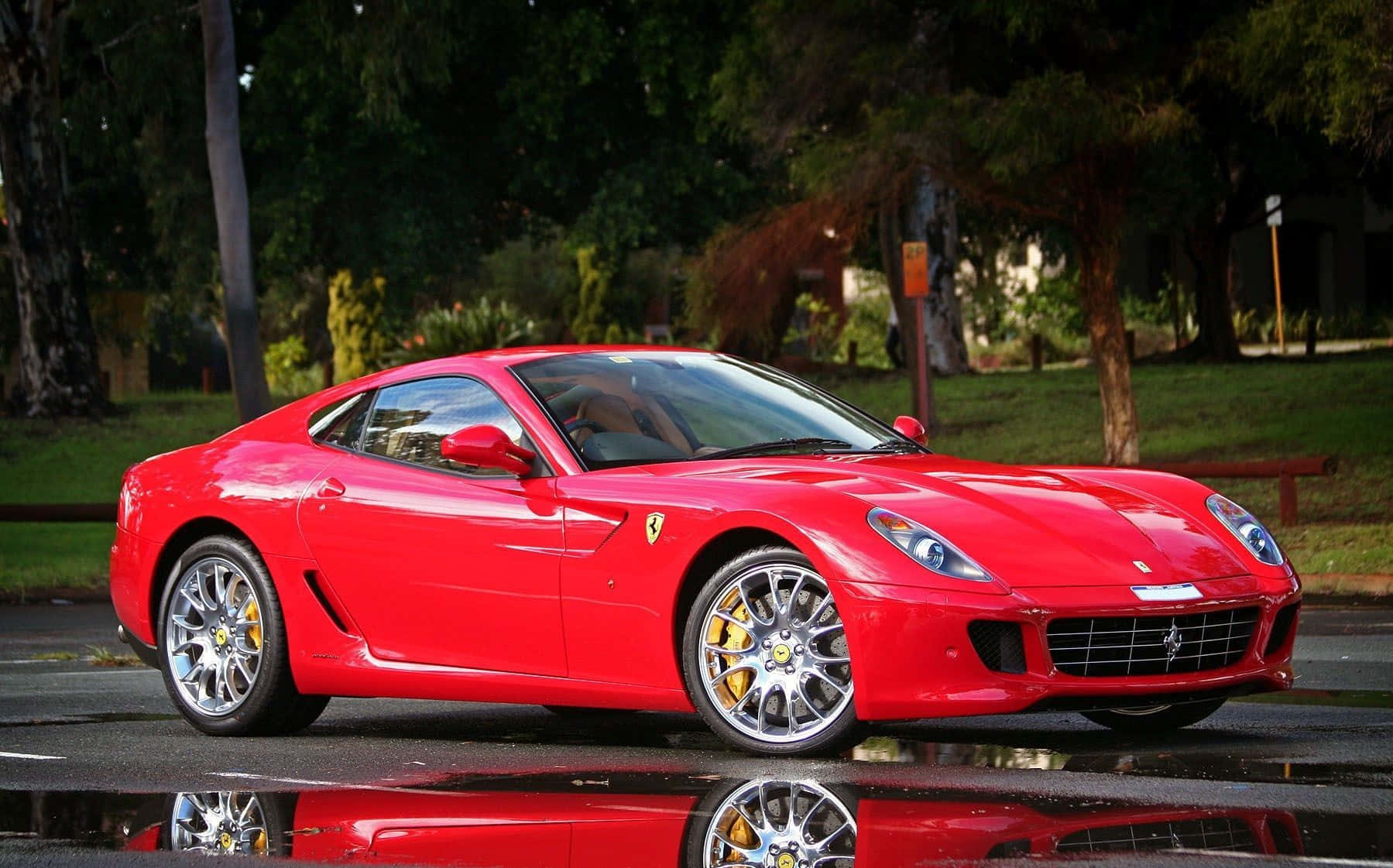 Ferrari 599 GTB Fiorano, glossy red, wet pavement, HD Desktop Wallpaper