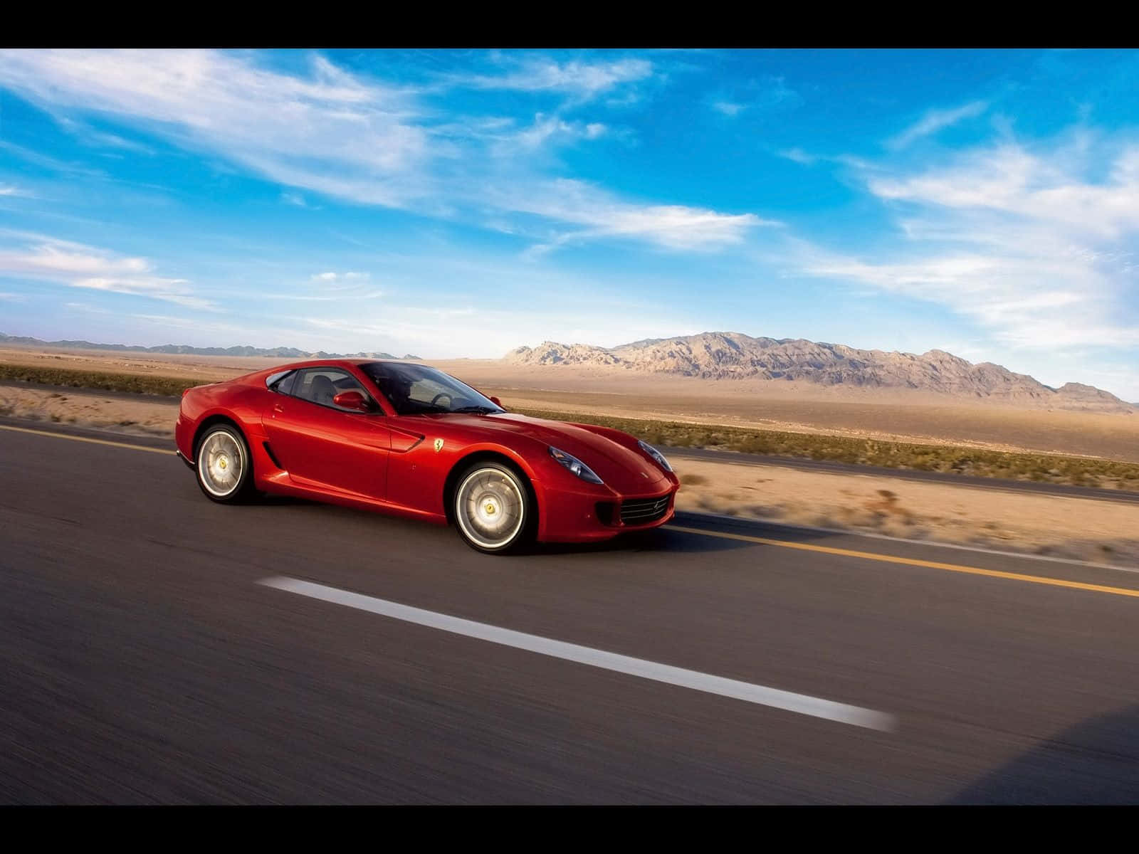 Ferrari 599 GTB Fiorano, desert highway, bright blue sky, HD Desktop Wallpaper