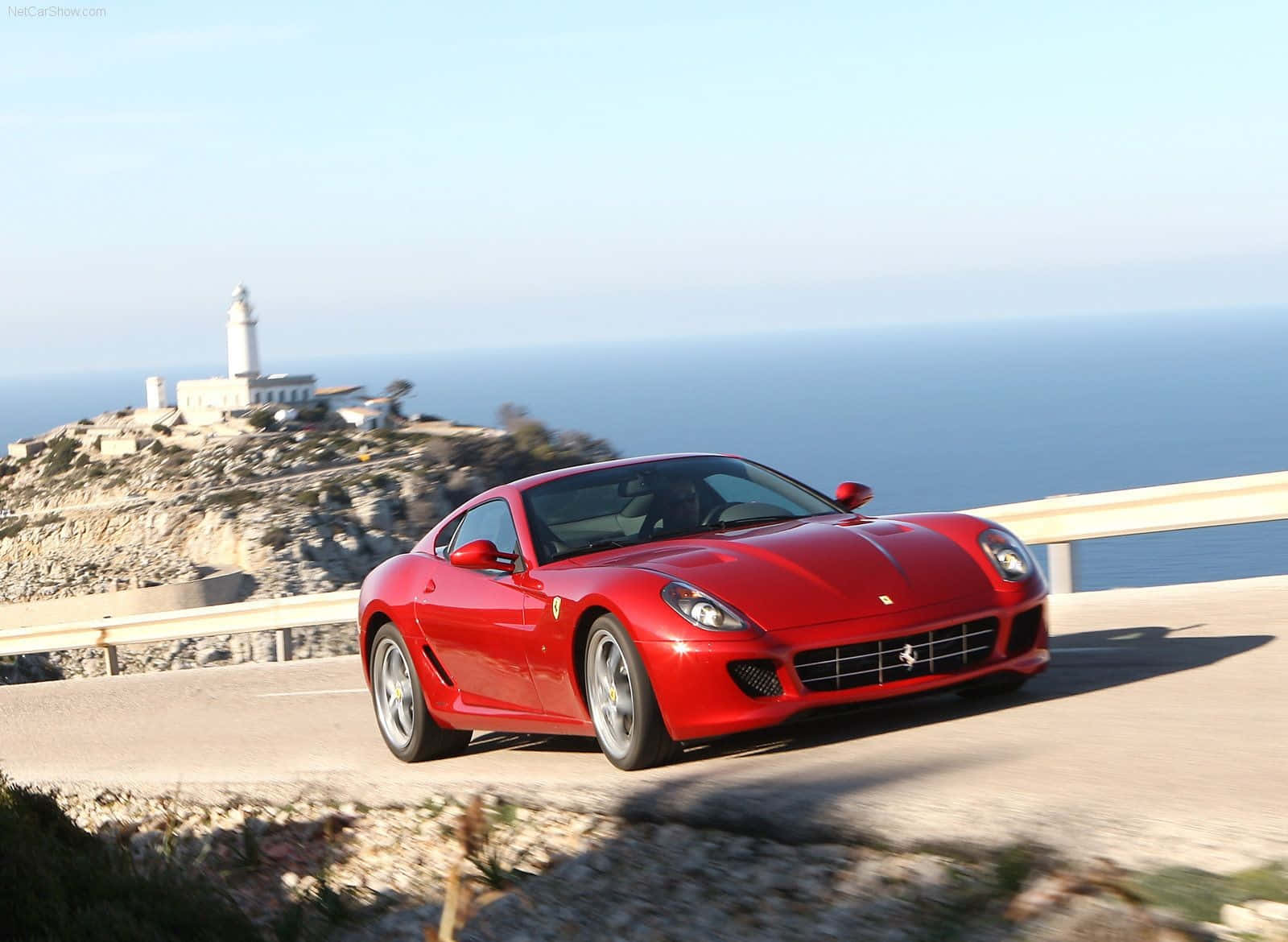 Ferrari 599 GTB Fiorano, vibrant red, coastal cliff road, HD Desktop Wallpaper
