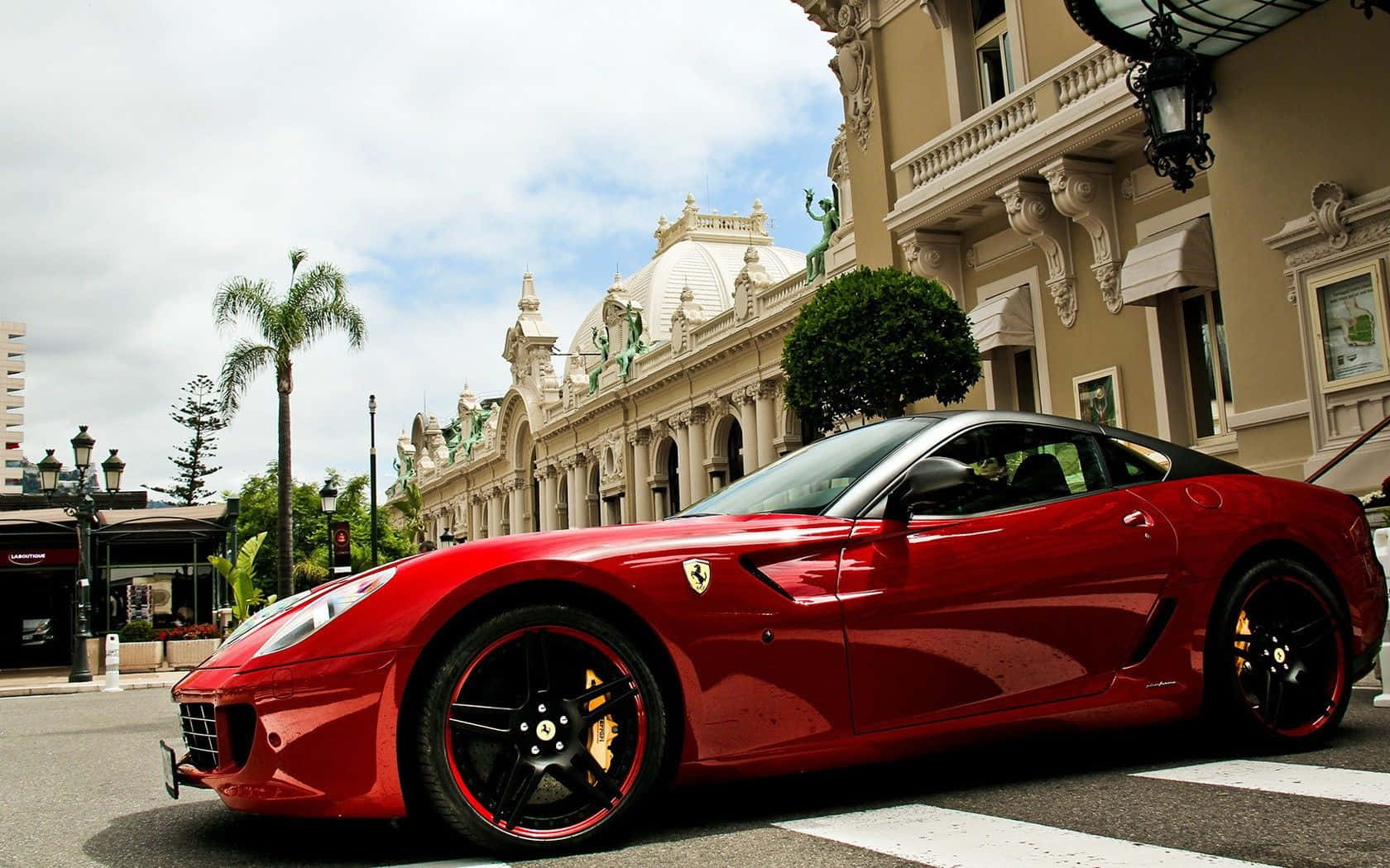 Ferrari 599 GTB Fiorano, glossy red, ornate beige building, HD Desktop Wallpaper
