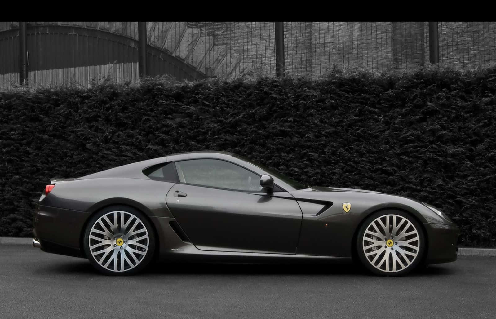 Ferrari 599 GTB Fiorano, matte gray, dense hedge, HD Desktop Wallpaper
