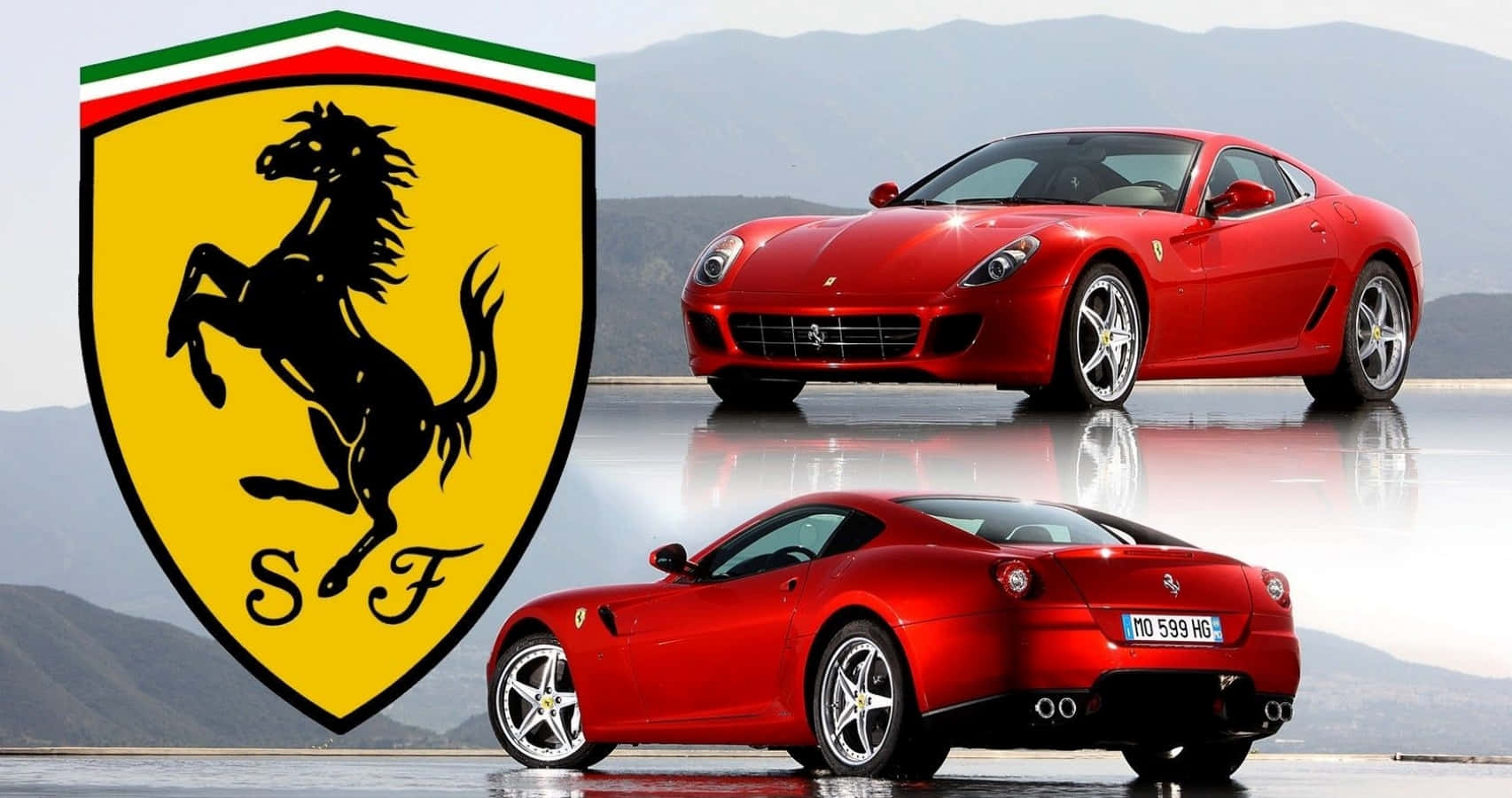 Ferrari 599 GTB Fiorano, glossy red, mountainous backdrop, HD Desktop Wallpaper