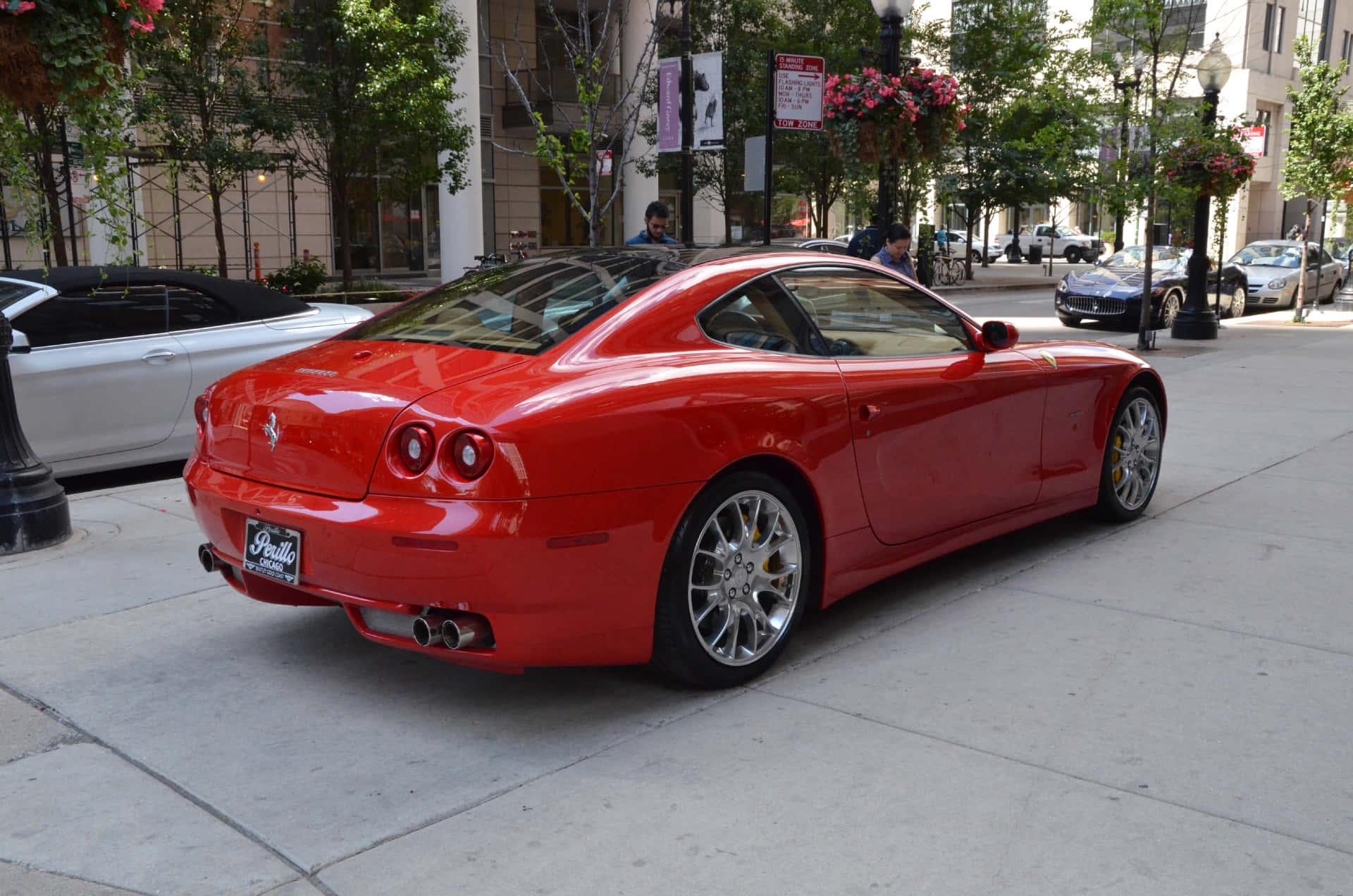 Ferrari 612 Scaglietti, glossy red, city sidewalk, Full HD Desktop Wallpaper