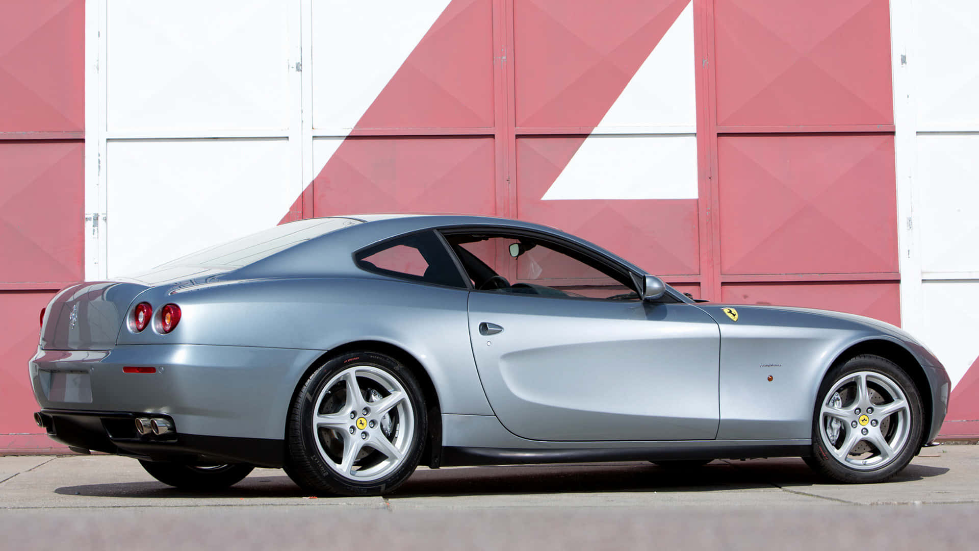 Ferrari 612 Scaglietti, silver, red and white geometric wall, Full HD Desktop Wallpaper