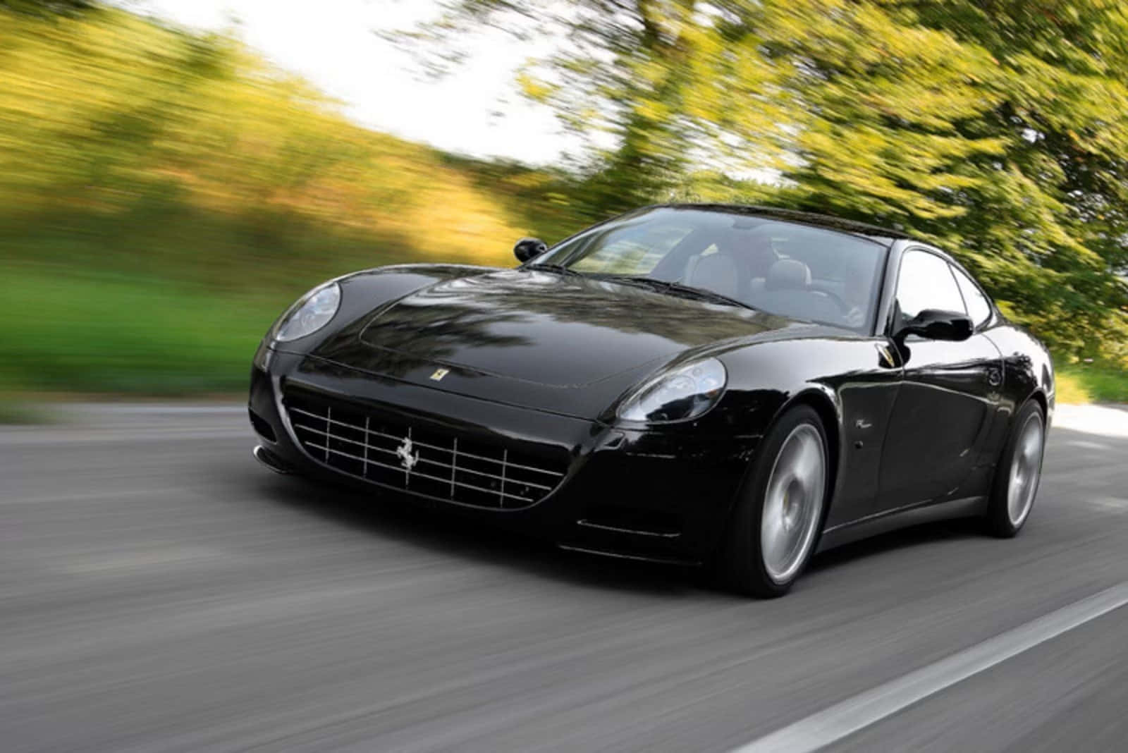 Ferrari 612 Scaglietti, black, tree-lined road, HD Desktop Wallpaper