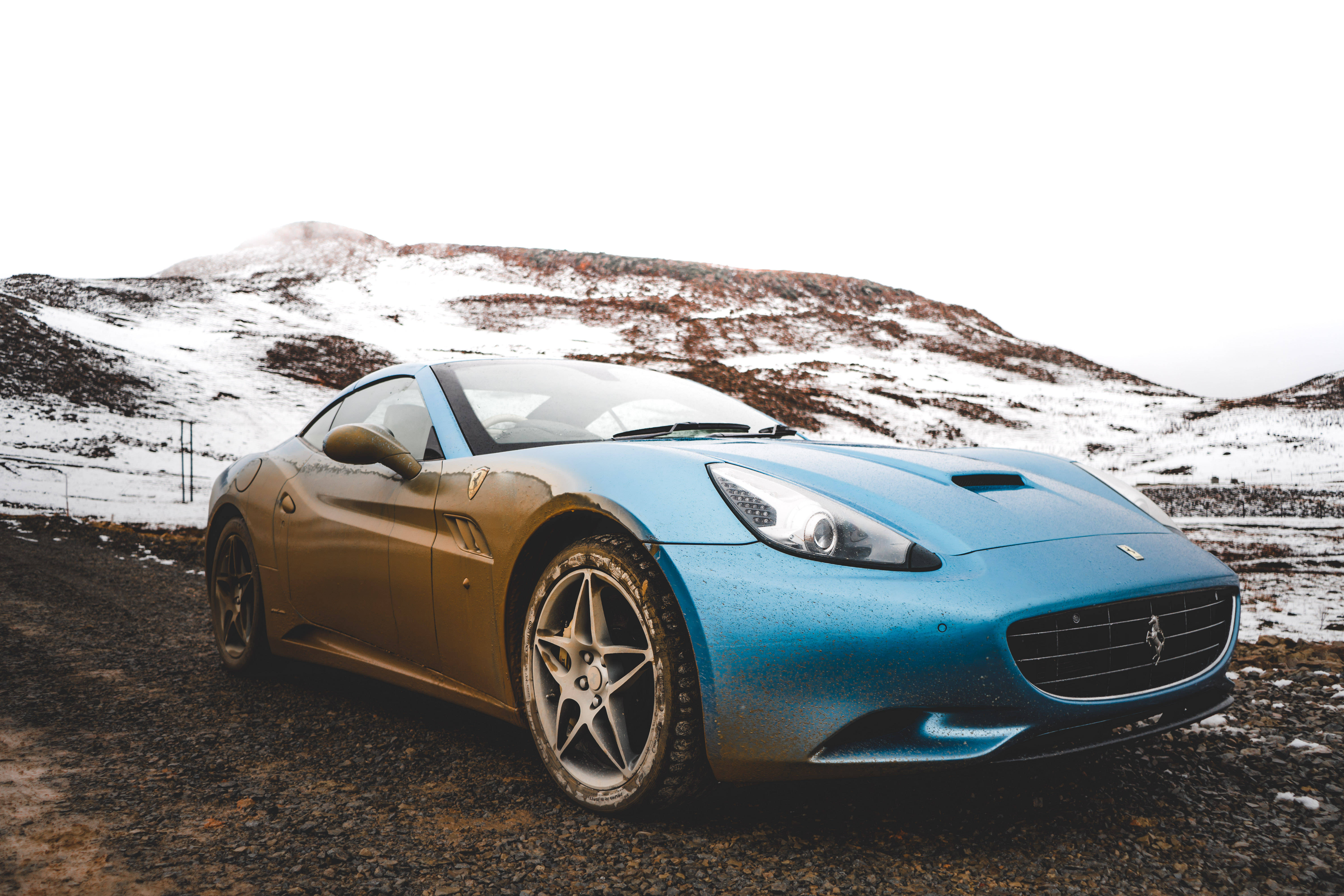 Ferrari California, blue, snowy mountain road, 5K Desktop Wallpaper
