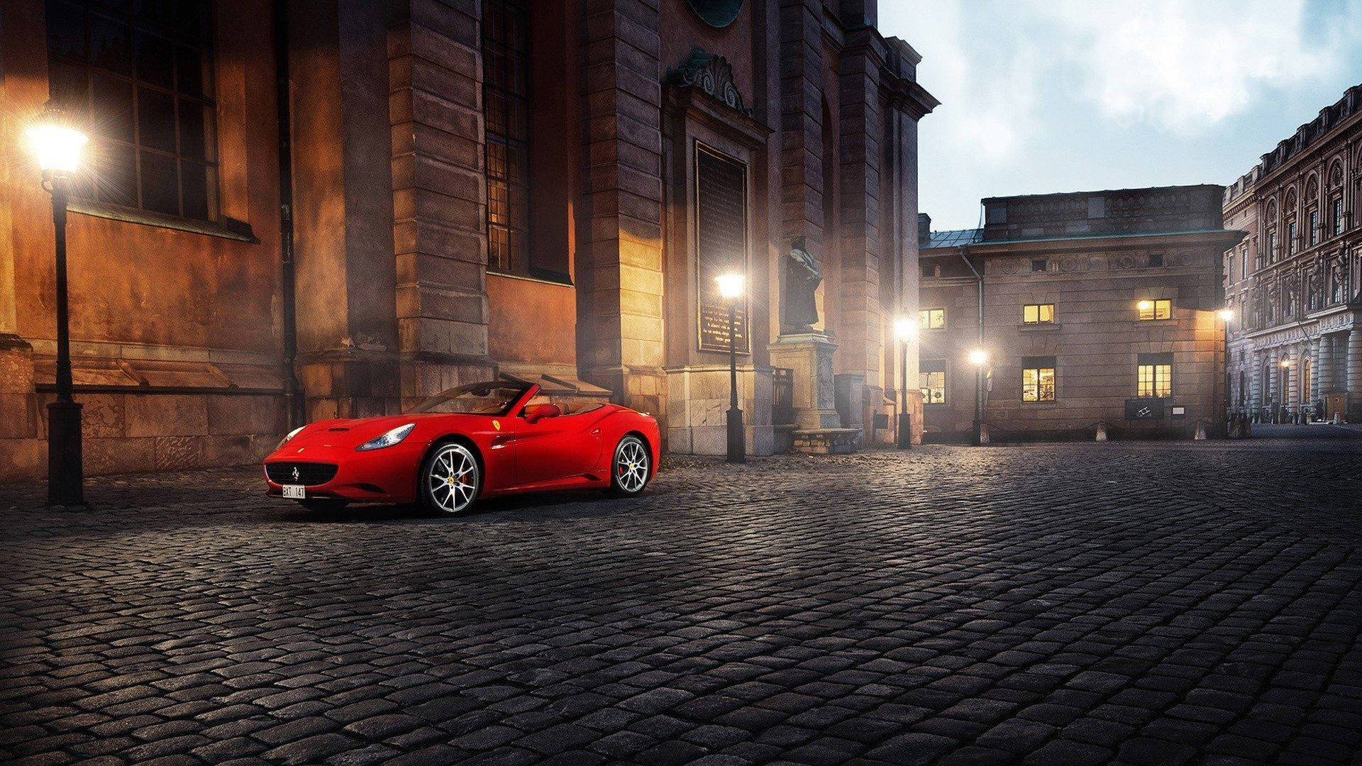 Ferrari California, Red, Cobblestone plaza, Full HD Desktop Wallpaper