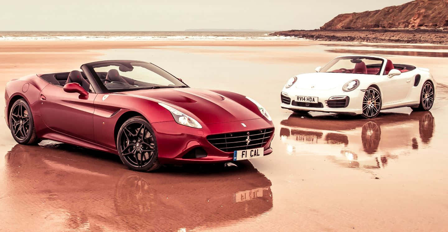 Ferrari California T, red Ferrari, white Porsche, HD Desktop Wallpaper
