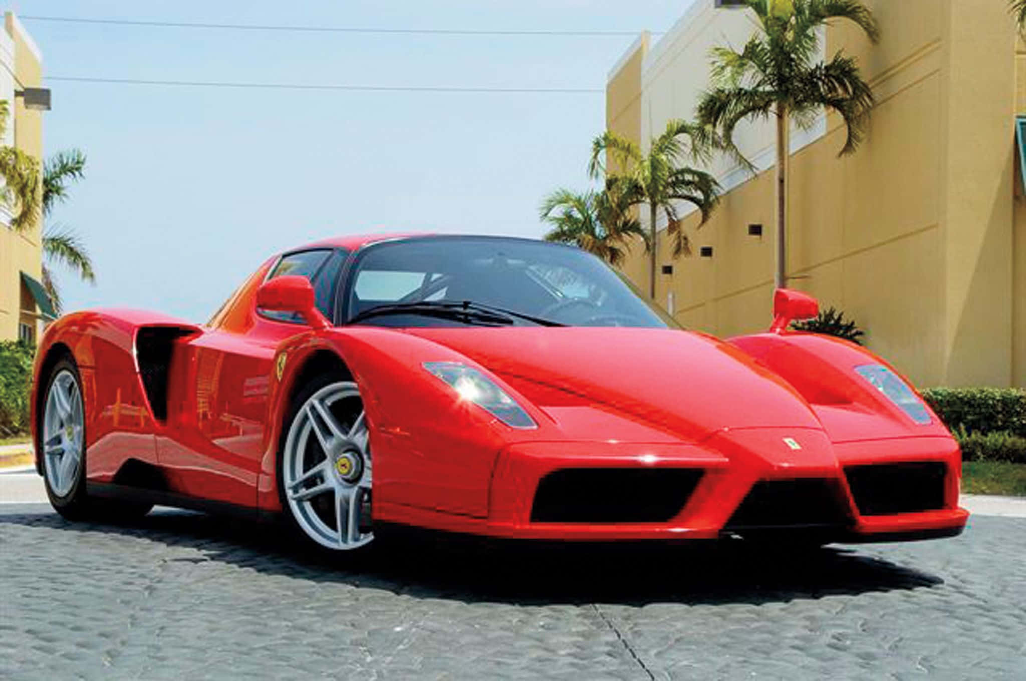 Ferrari Enzo, glossy red, cobblestone street, Full HD Desktop Wallpaper