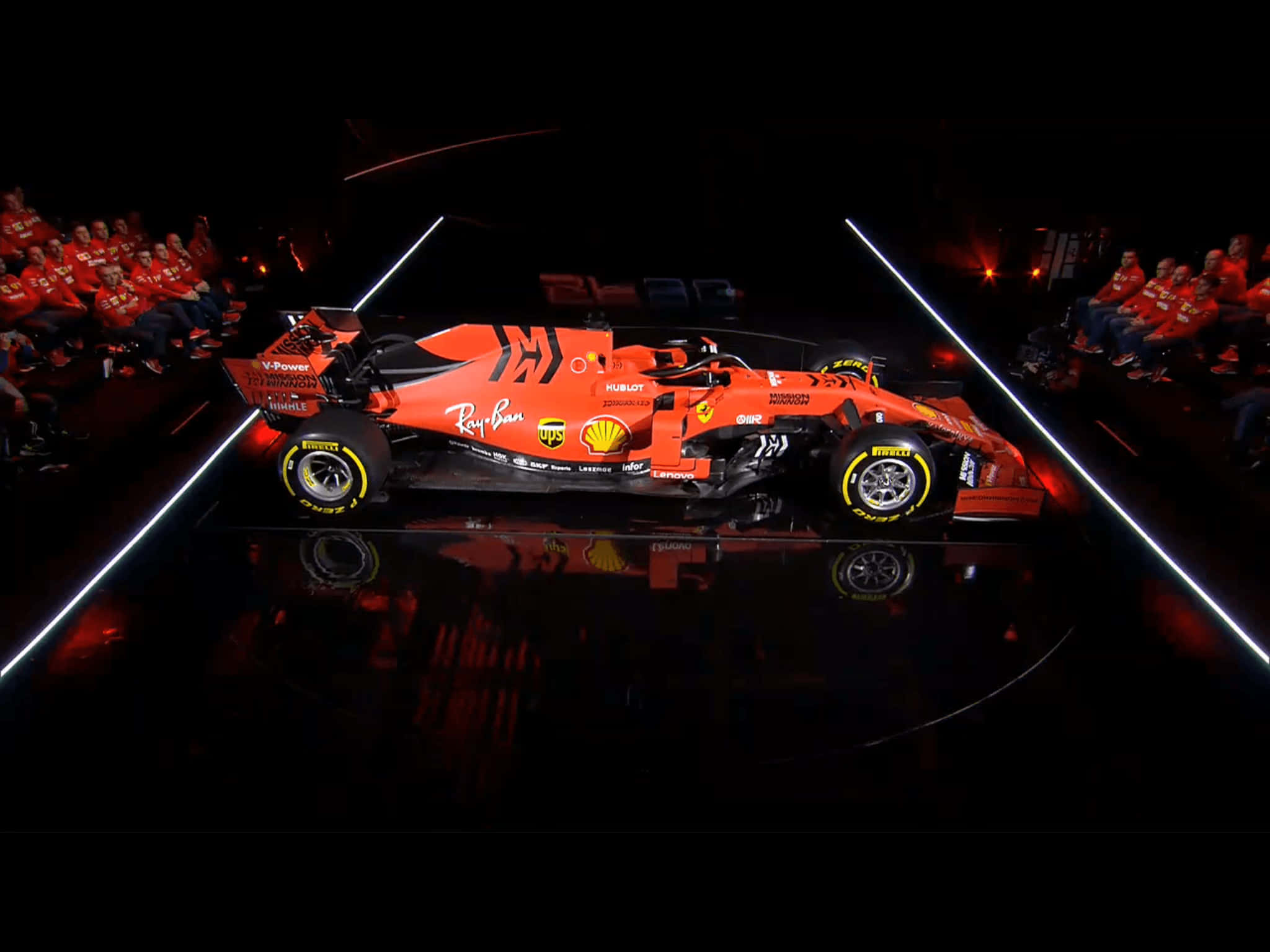 Ferrari F1 2019, vibrant orange, reflective stage, Full HD Desktop Wallpaper