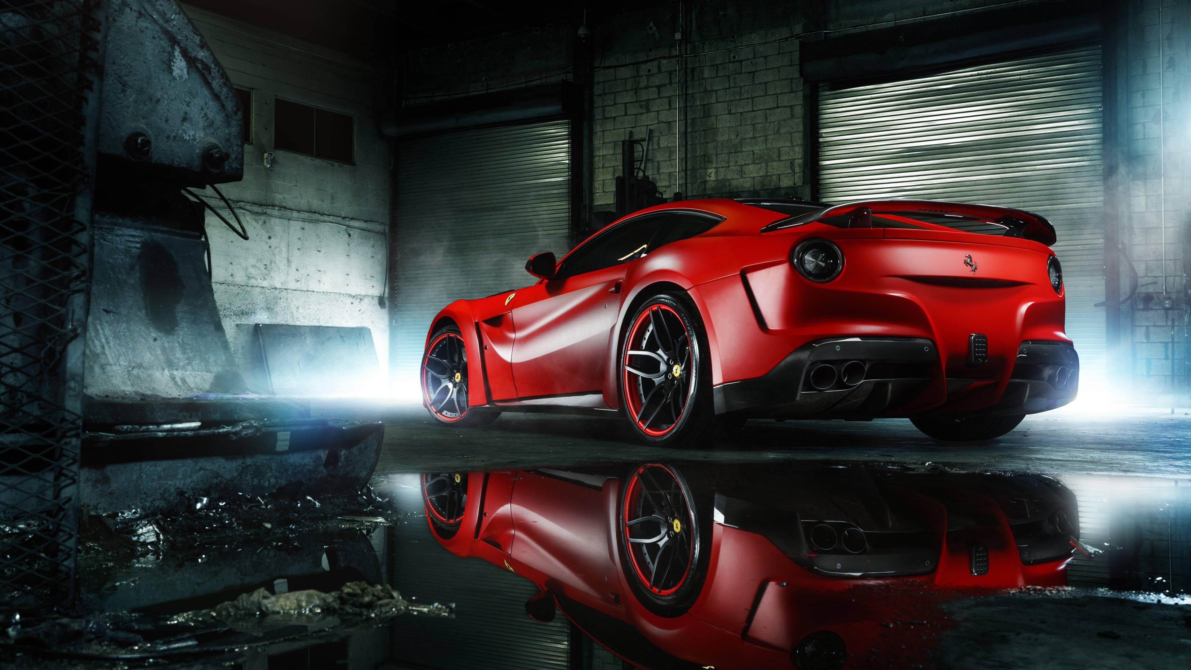 Ferrari F12 Berlinetta, glossy red, dramatic lighting, 4K Desktop Wallpaper