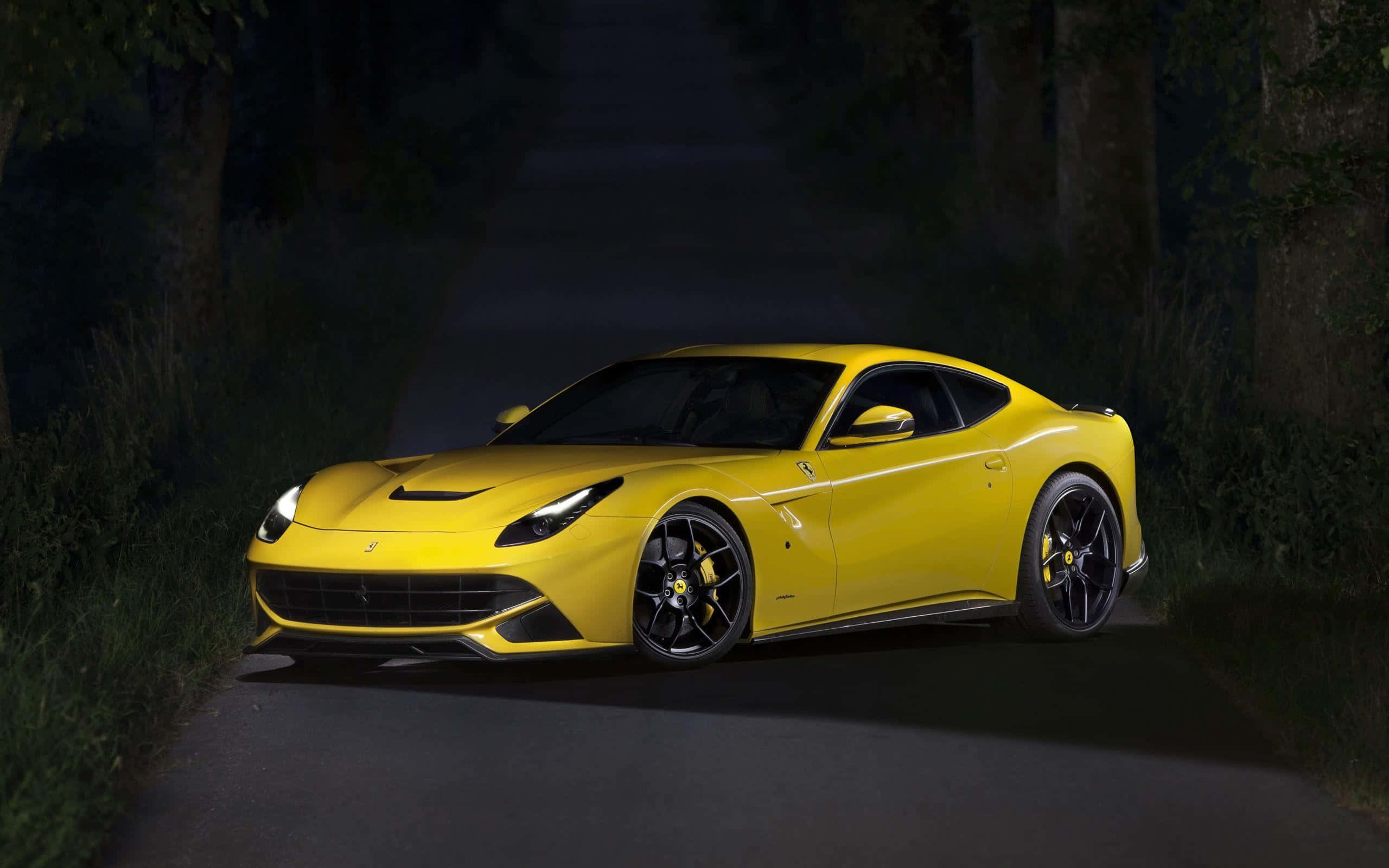 Ferrari F12 Berlinetta, vibrant yellow, dark forest road, 2K Desktop Wallpaper
