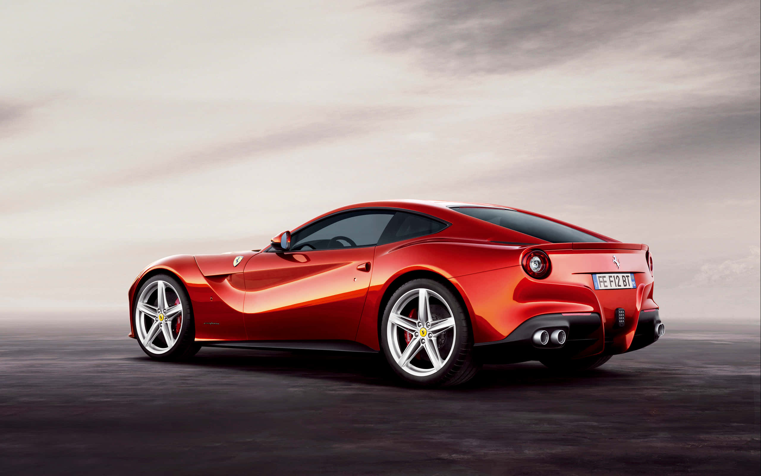 Ferrari F12 Berlinetta, red, overcast skies, 2K Desktop Wallpaper