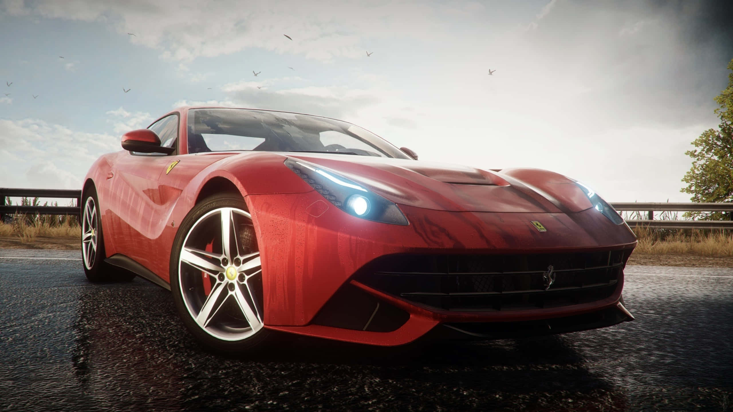 Ferrari F12 Berlinetta, glossy red, wet road, 2K Desktop Wallpaper