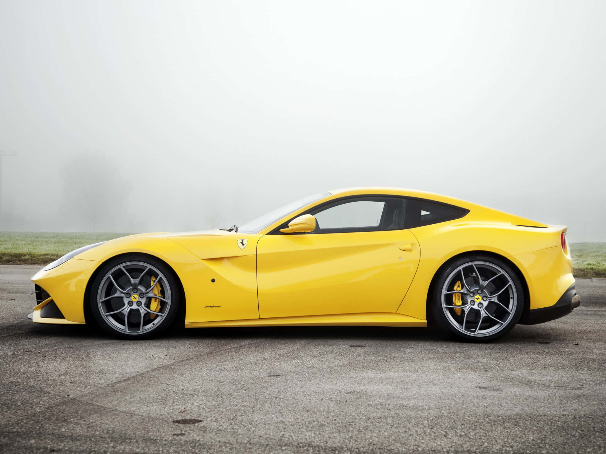 Ferrari F12 Berlinetta, vibrant yellow, misty morning light, Full HD Desktop Wallpaper
