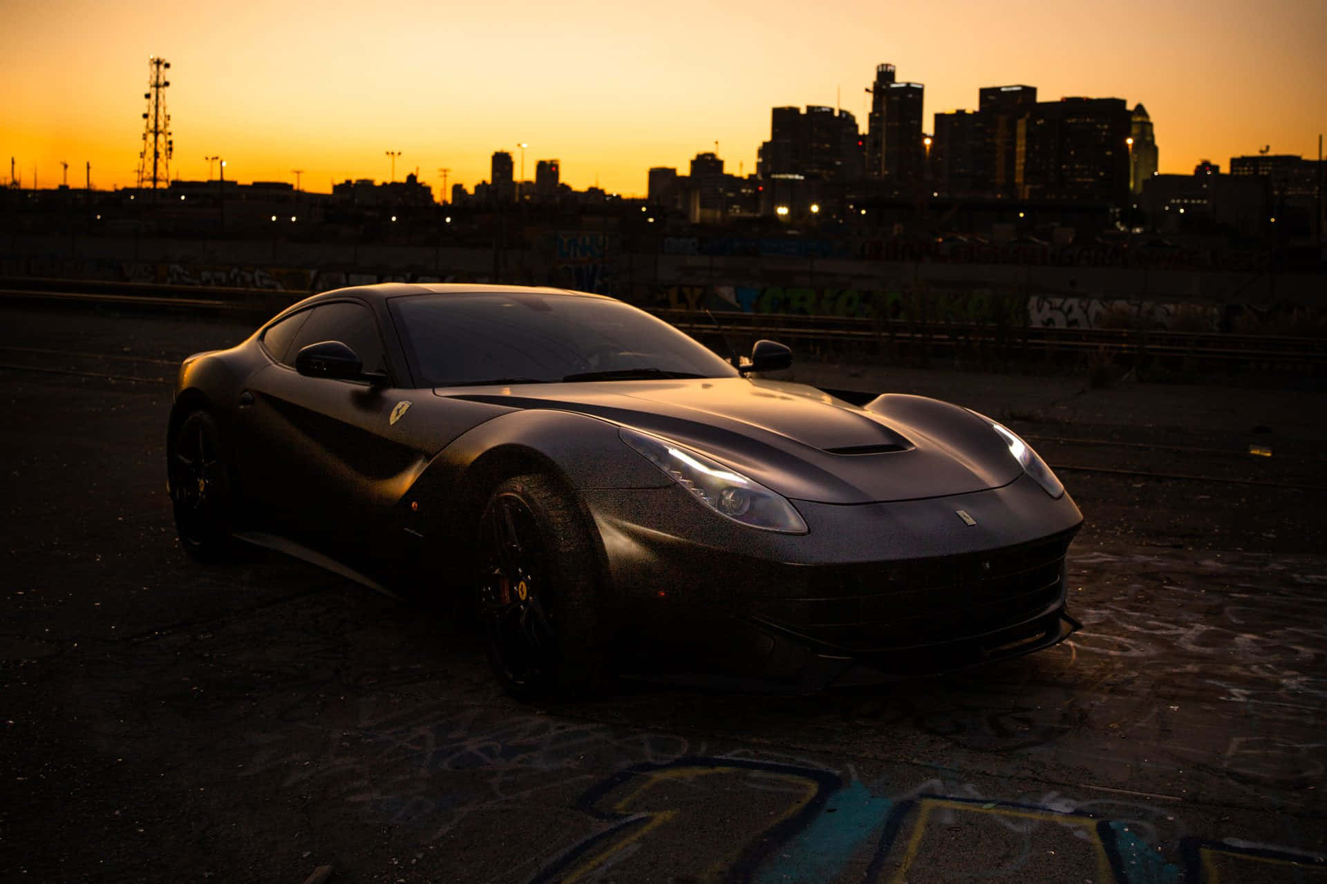 Ferrari F12 Berlinetta, matte black, graffiti-covered urban lot, Full HD Desktop Wallpaper