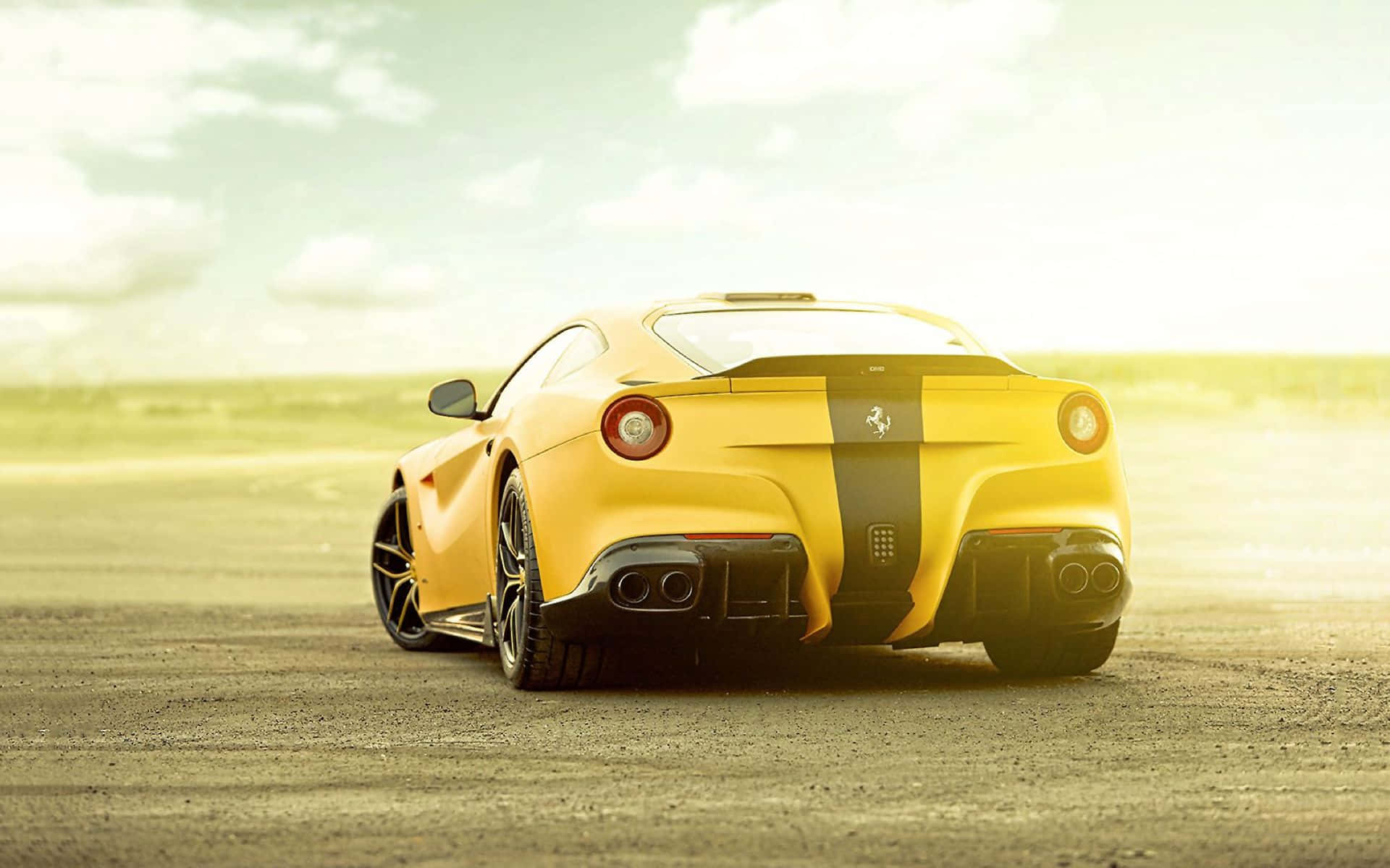 Ferrari F12 Berlinetta, vibrant yellow, black racing stripes, Full HD Desktop Wallpaper