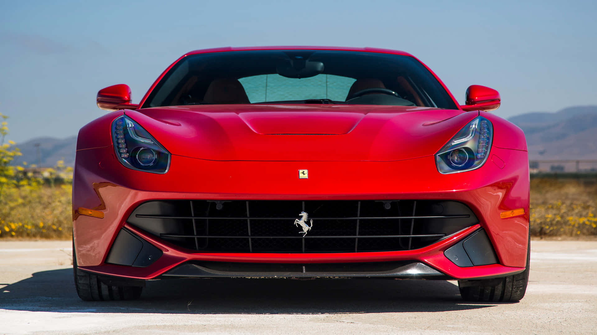 Ferrari F12 Berlinetta, vibrant red, sunlit road, Full HD Desktop Wallpaper